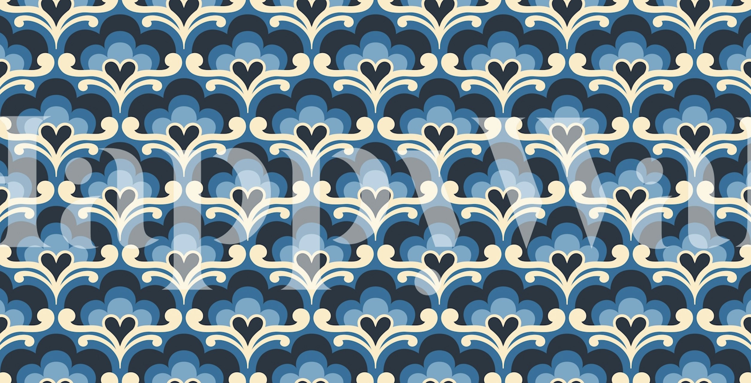 Blue scallop floral pattern on navy background wallpaper