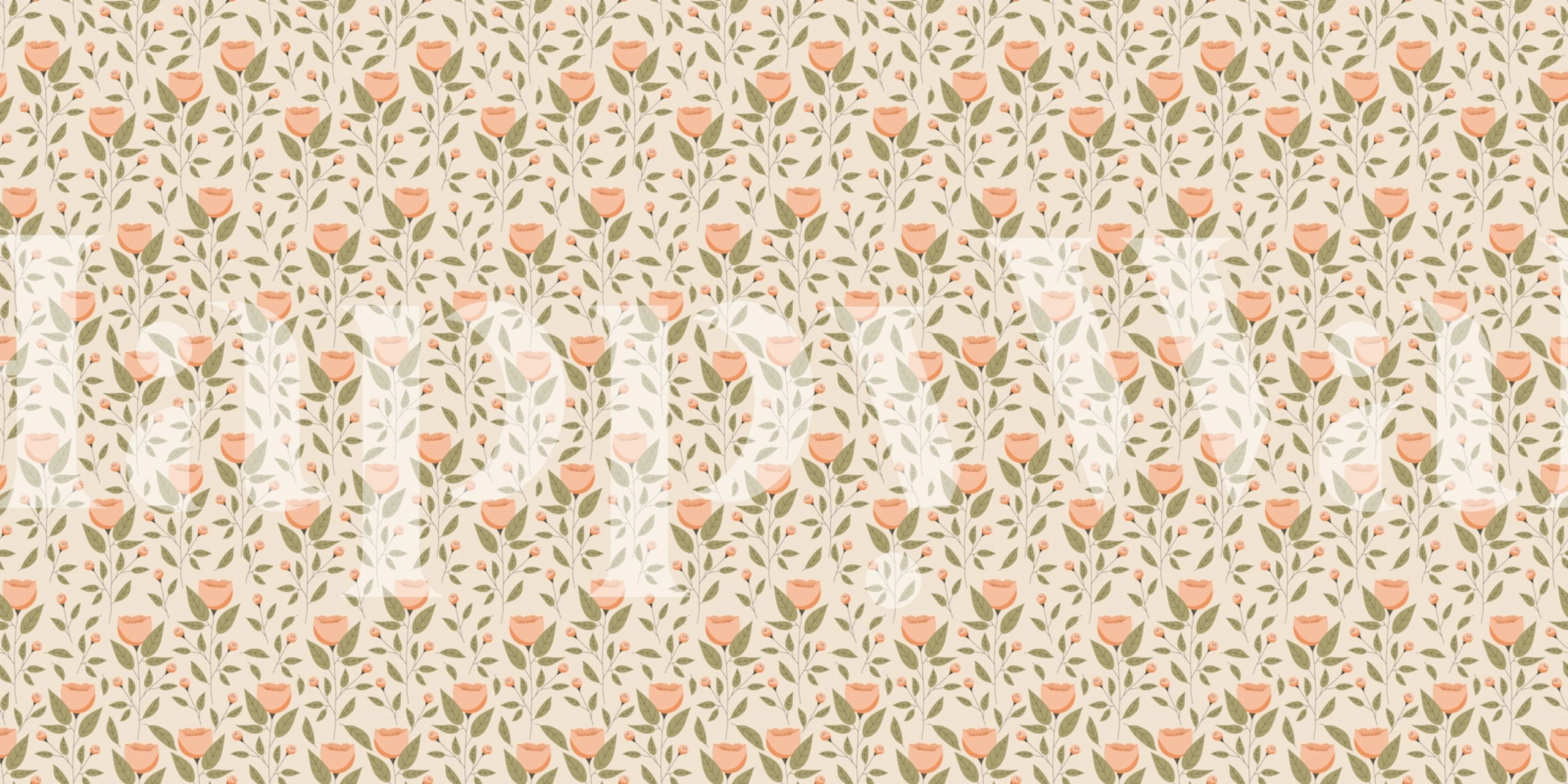 Soft pink floral pattern with green leaves on cream background wallpaper