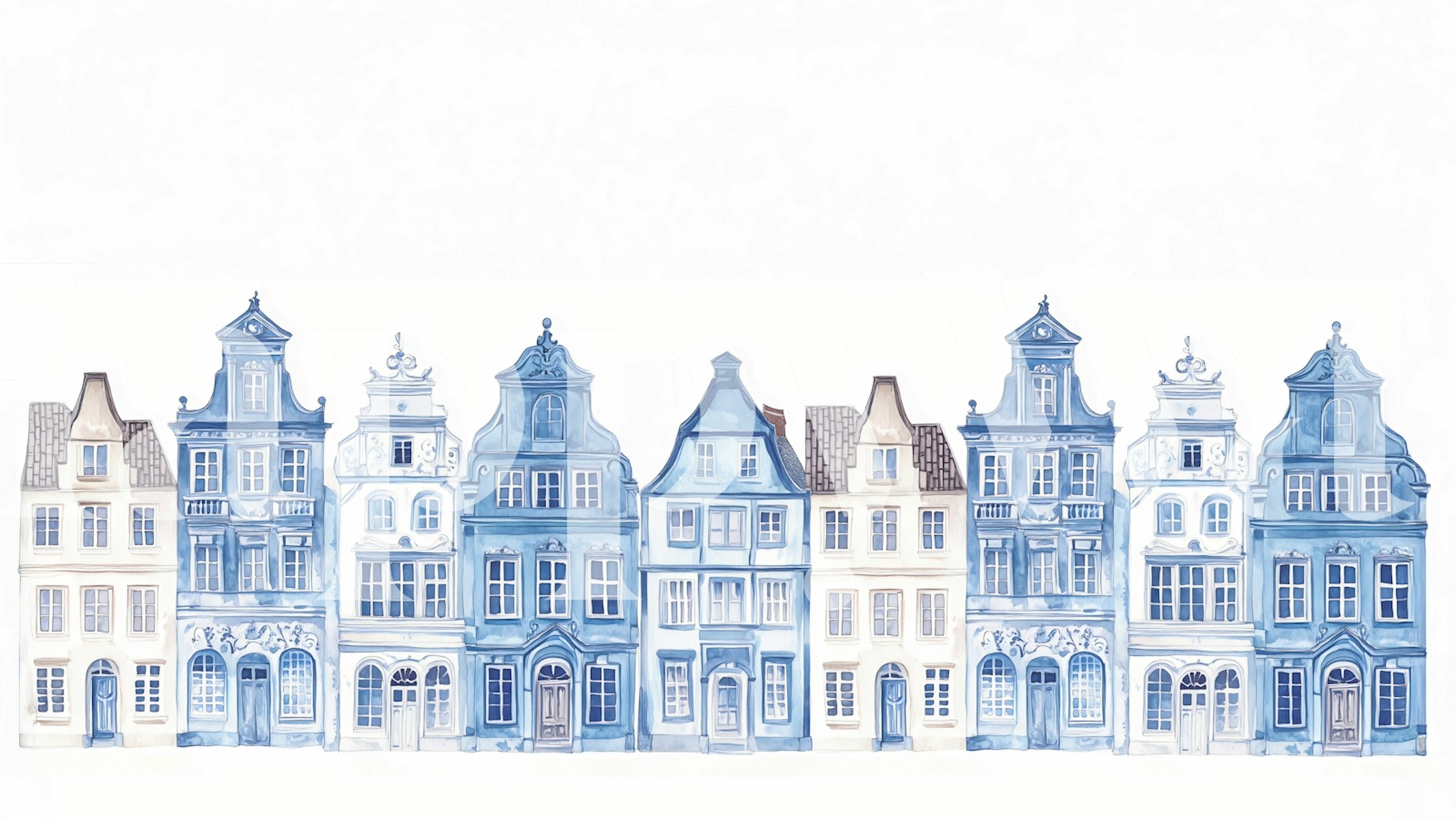 Blue house silhouettes in various shades with intricate details wallpaper