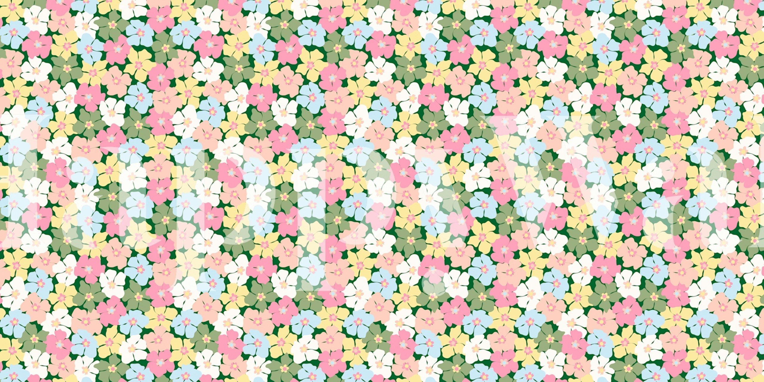 Colorful floral pattern with pink, blue, yellow flowers on green background wallpaper