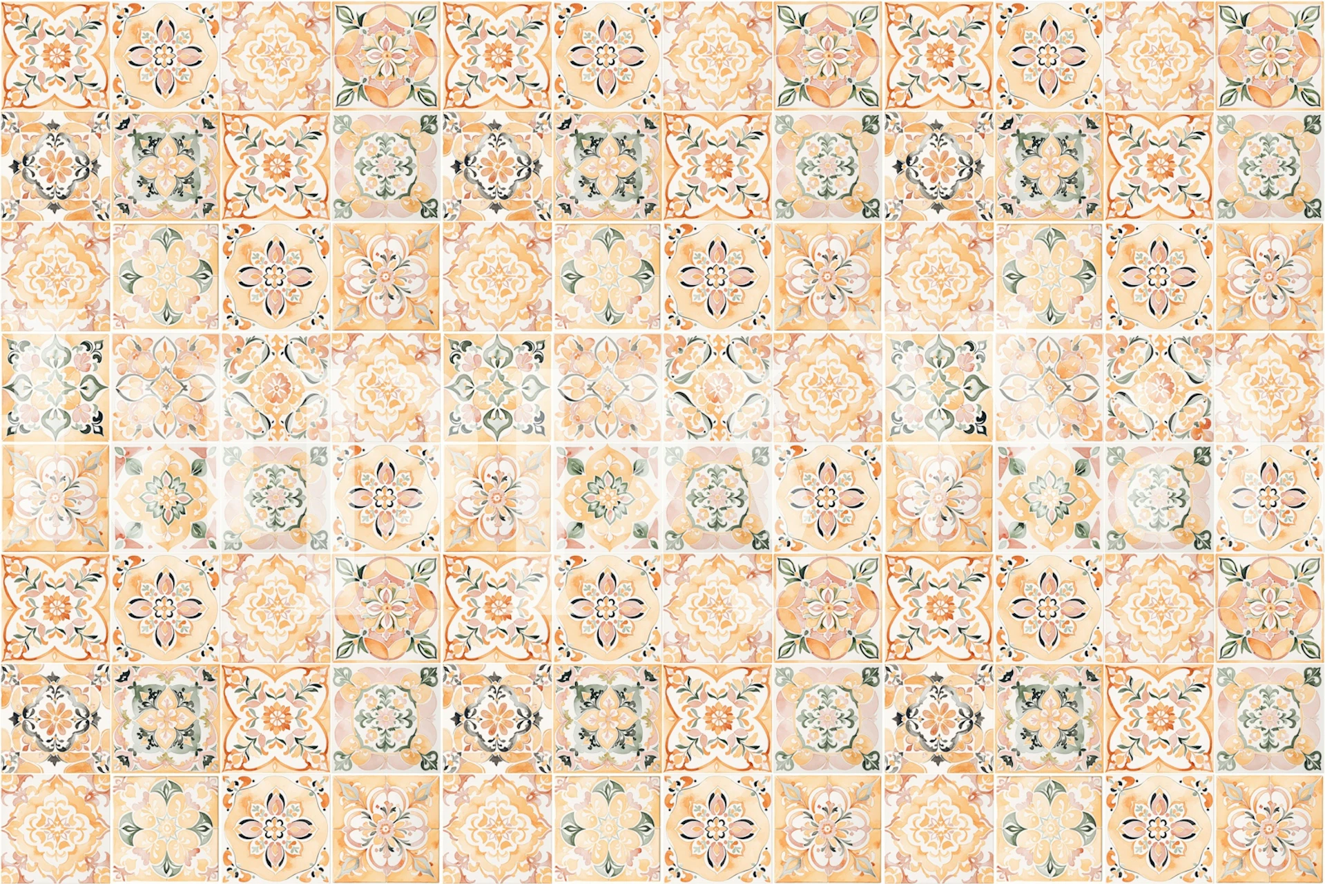 Pastel floral tile-patterned wallpaper with orange and green accents in a vintage style