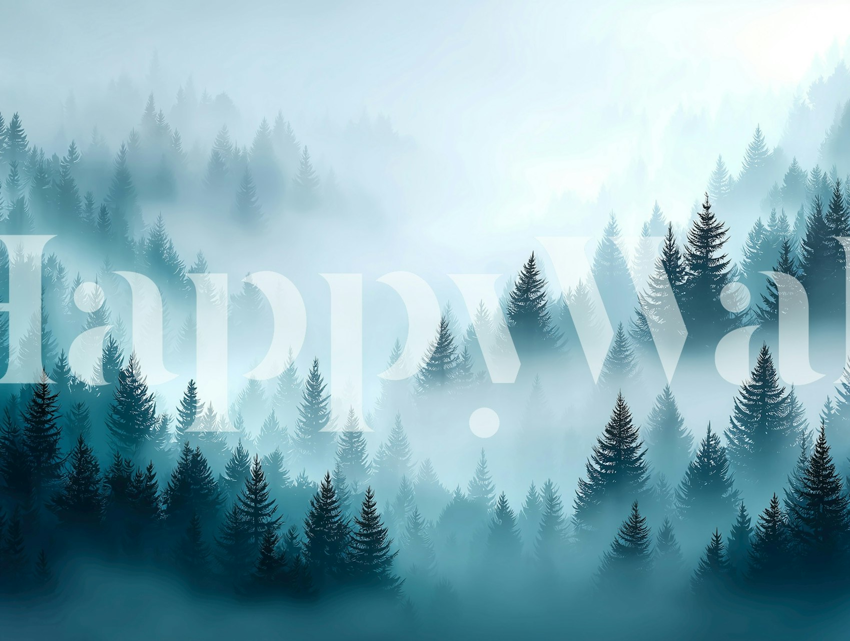 Foggy pine forest wallpaper with blue mist, evergreen trees, and soft colors