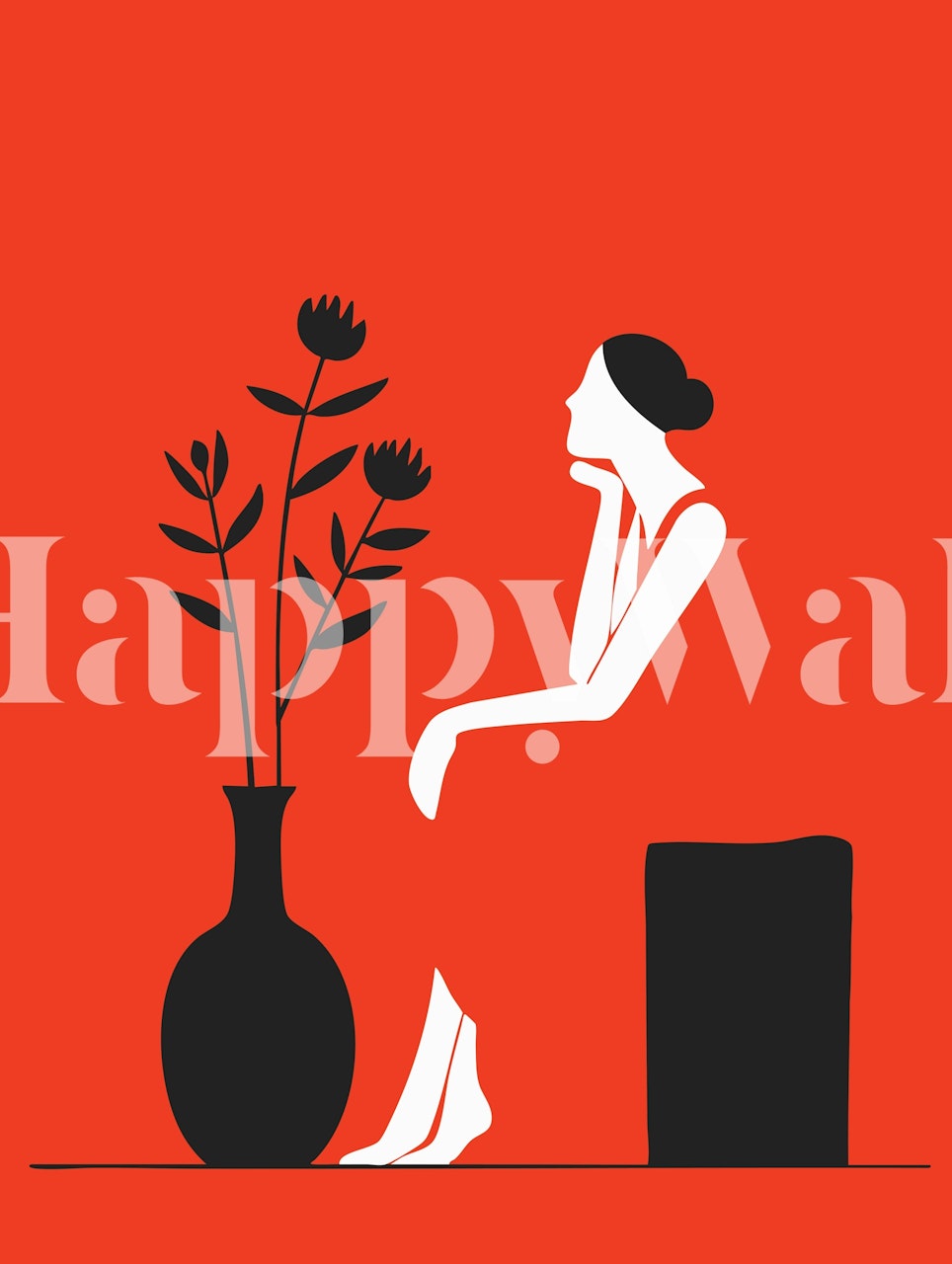 Wallpaper design of a sitting lady in a red dress
