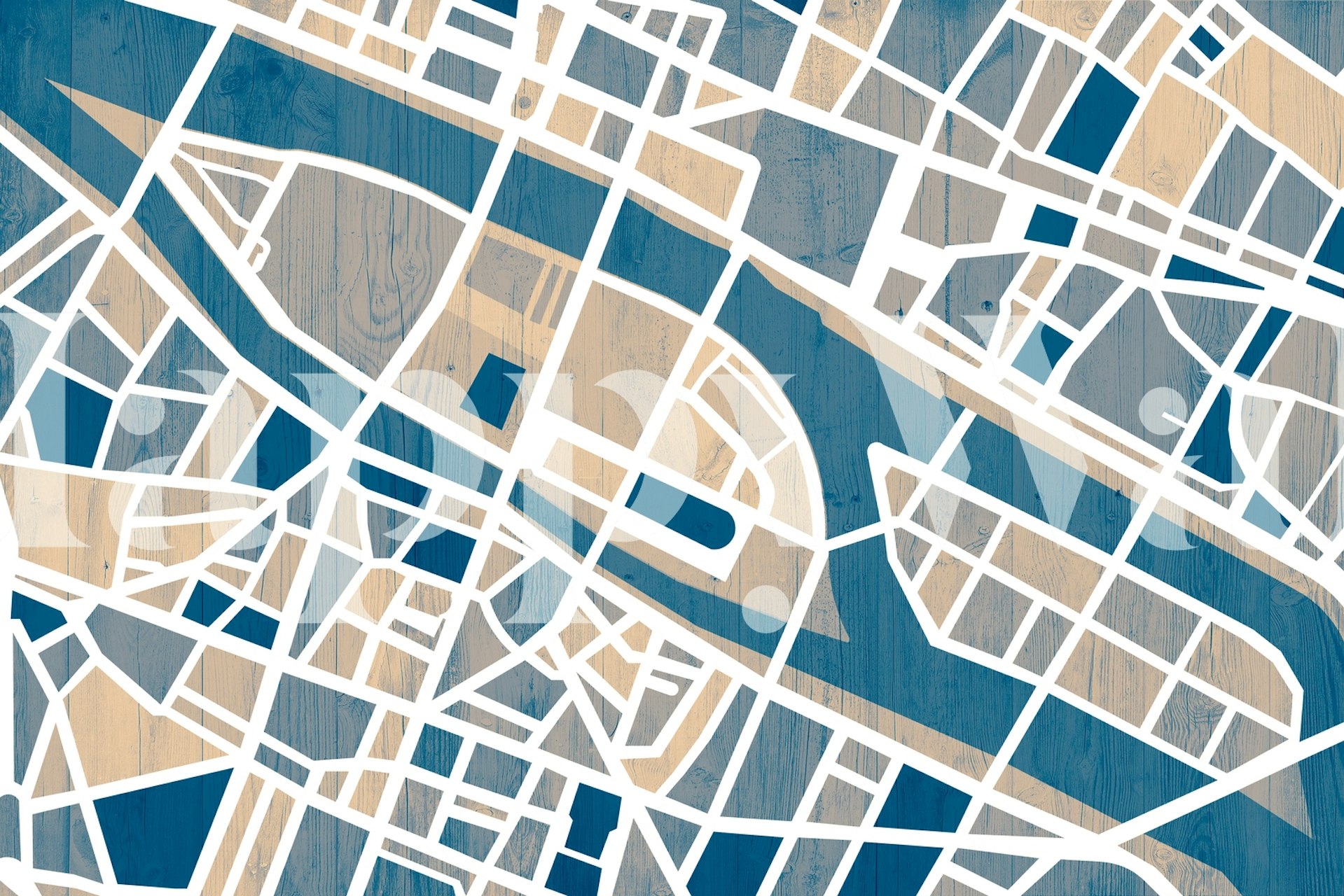 Stilisert kartveggmaleri av Paris Île de la Cité med gater og vannveier i et klassisk fargevalg.
