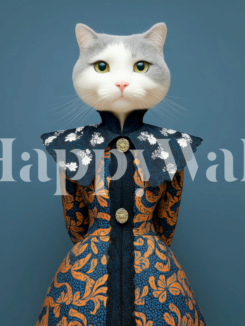 Cat wearing elegant outfit, blue and orange floral patterns, whimsical wallpaper
