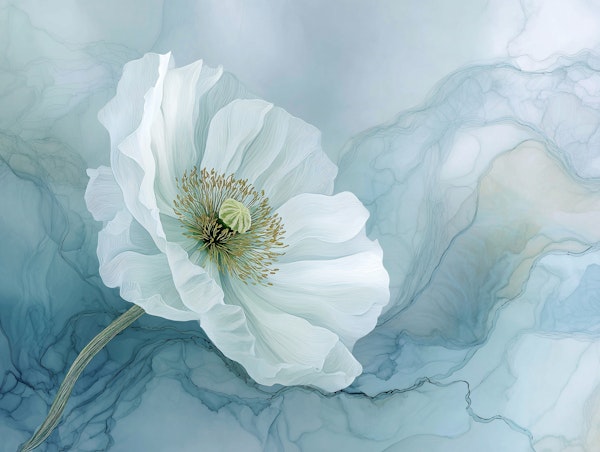 Ethereal White Blossom on Ink Flow