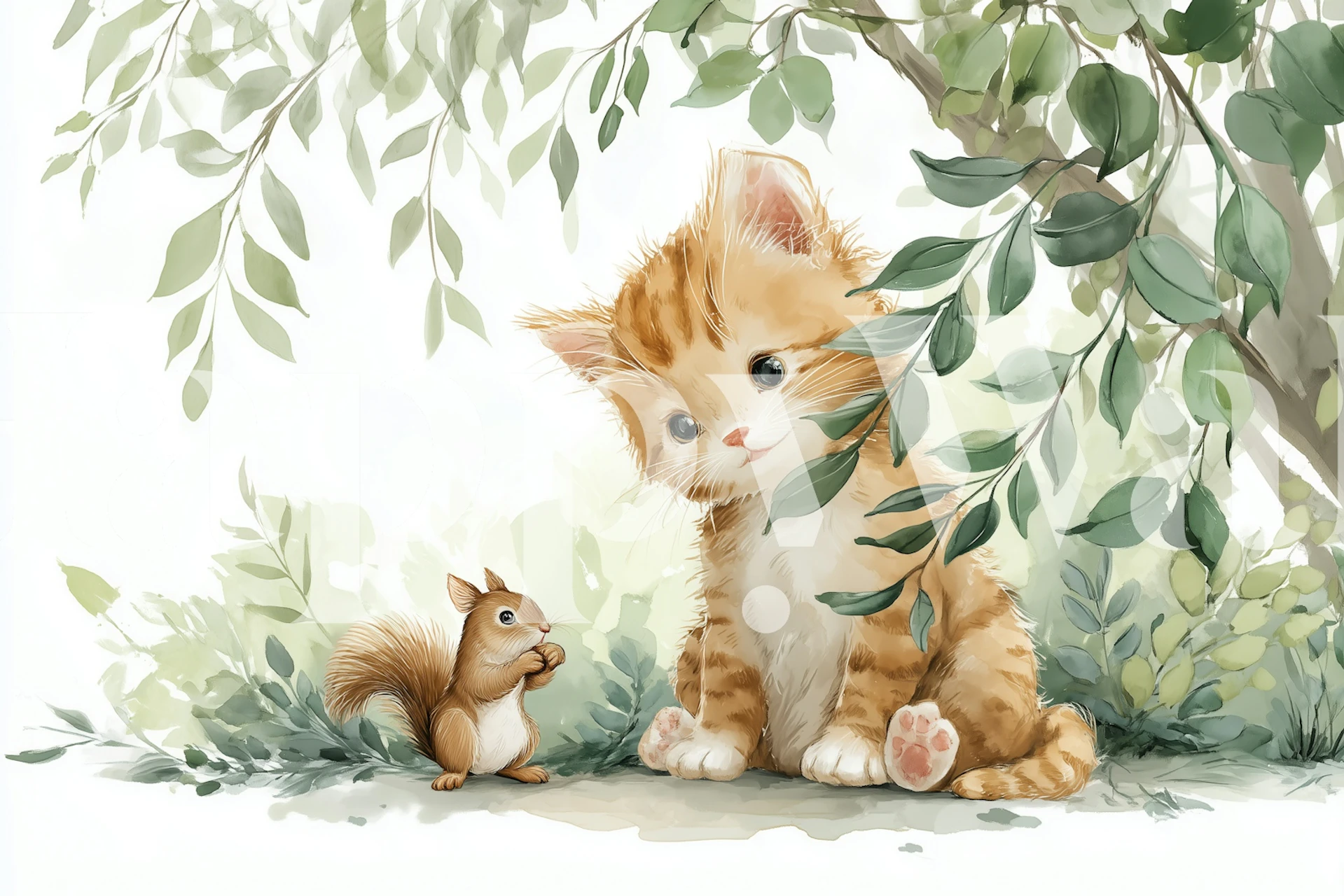 Playful cat and squirrel wallpaper design