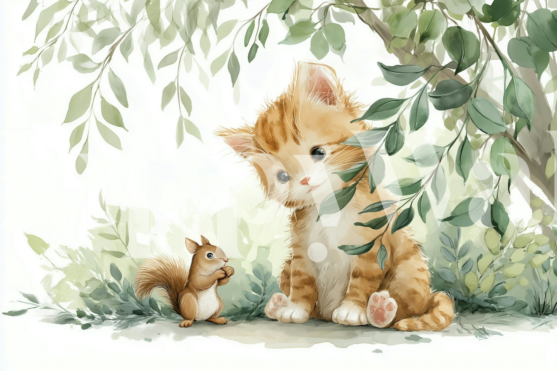 Playful cat and squirrel wallpaper design