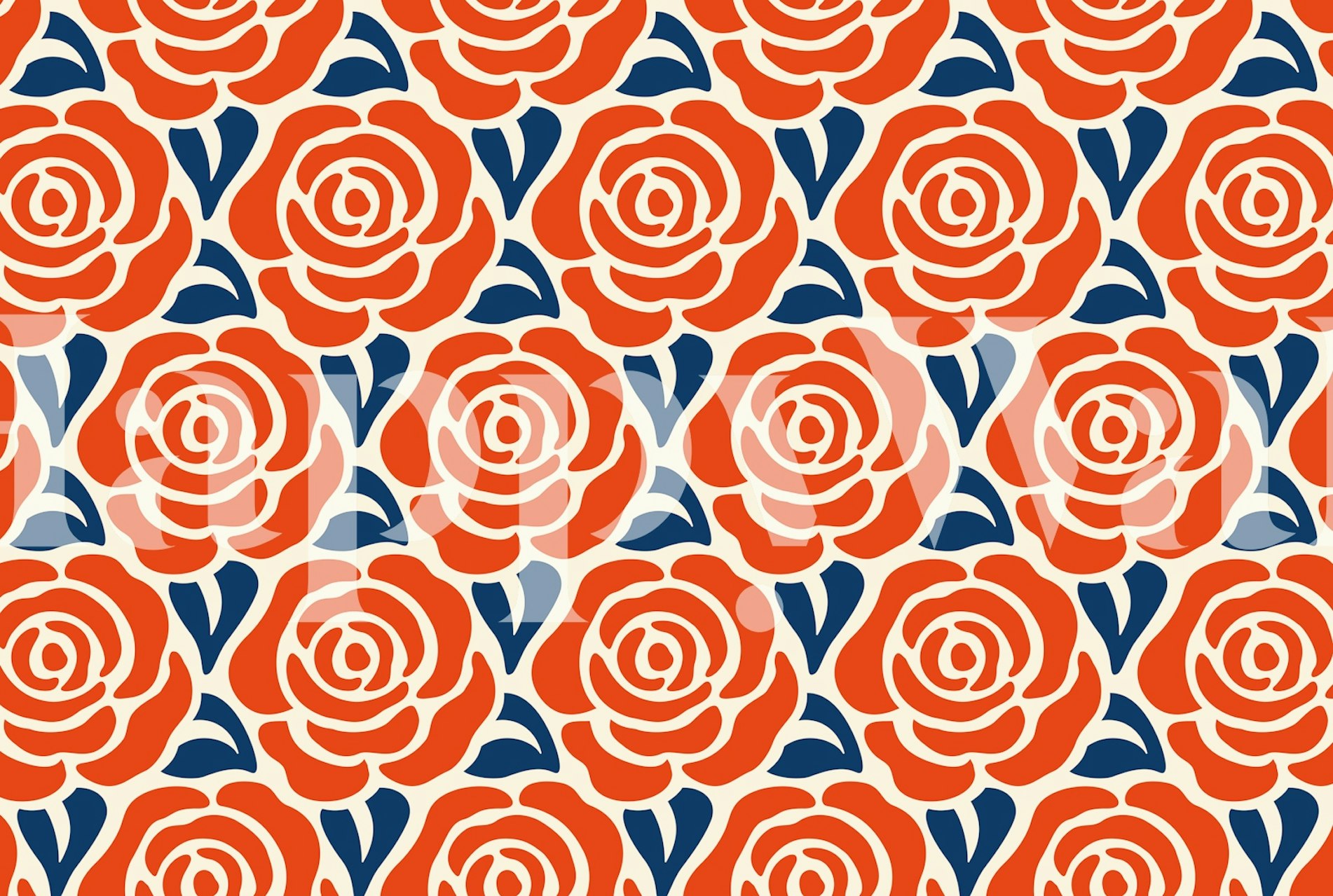 Blooming roses pattern in red and navy wallpaper