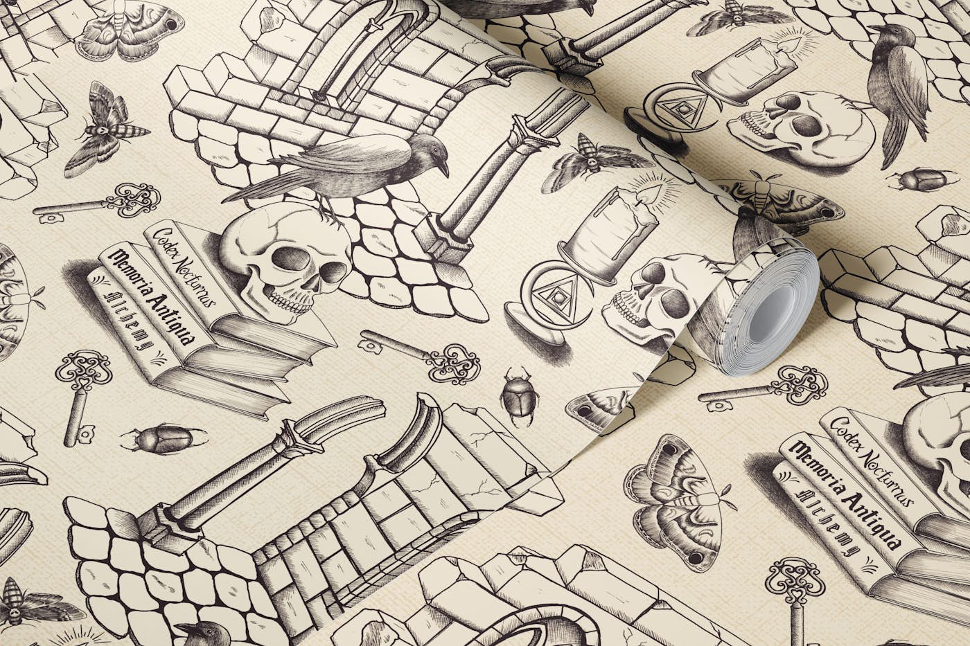 Dark Academia Toile de Jouy - Ink Black wallpaper roll