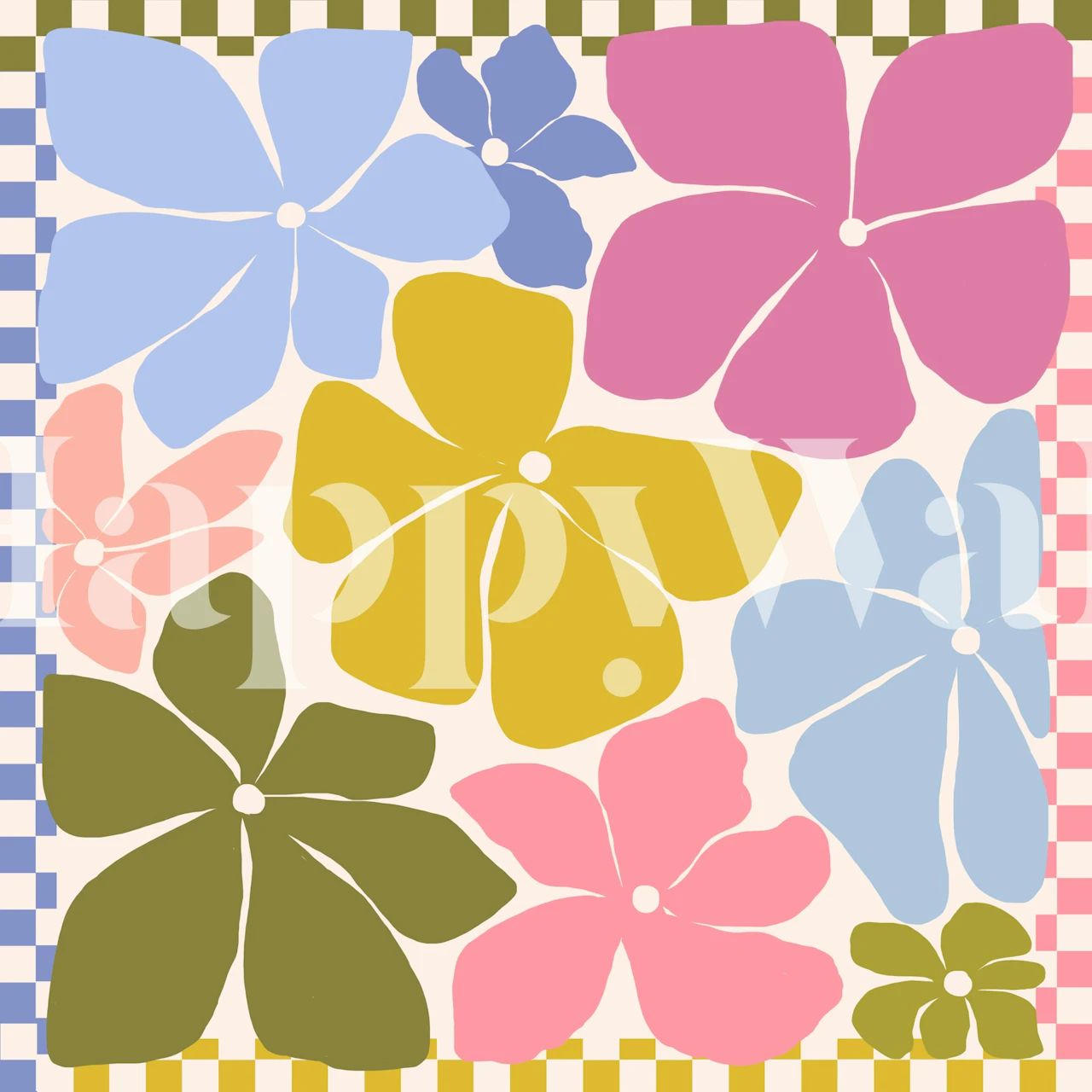 Colorful flowers in pink, blue, yellow, and green patterns wallpaper