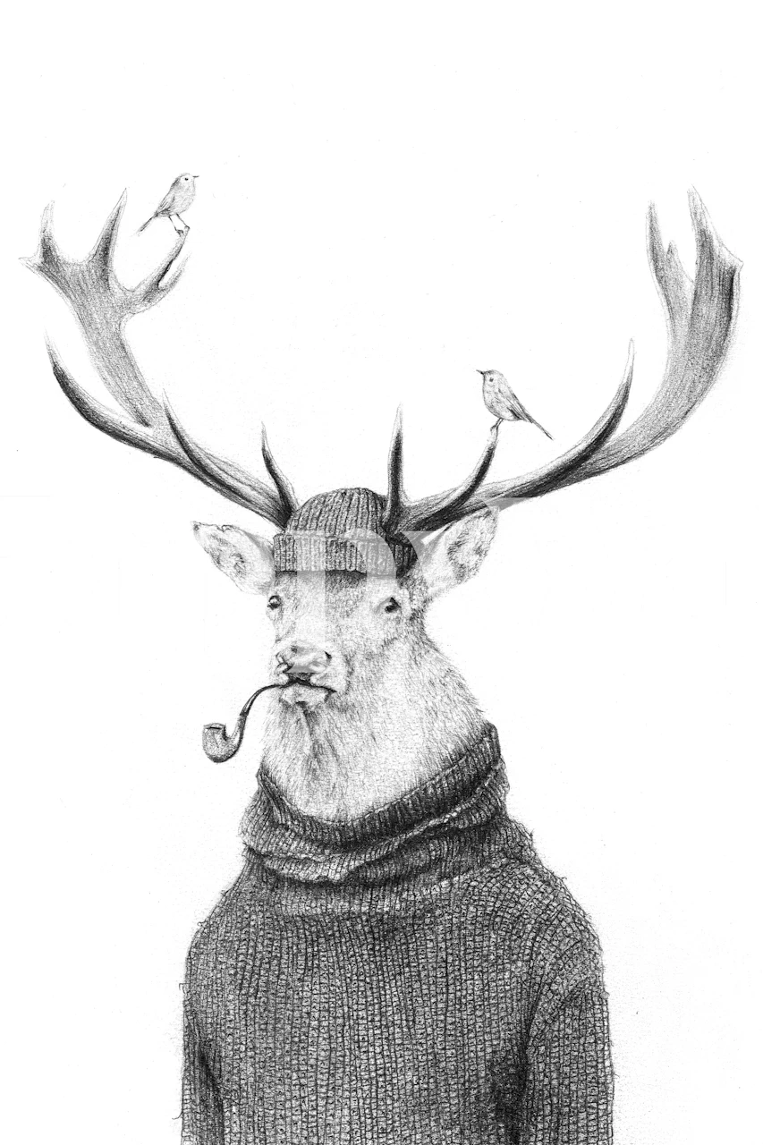 Black and white whimsical deer character wearing a sweater and a hat wallpaper