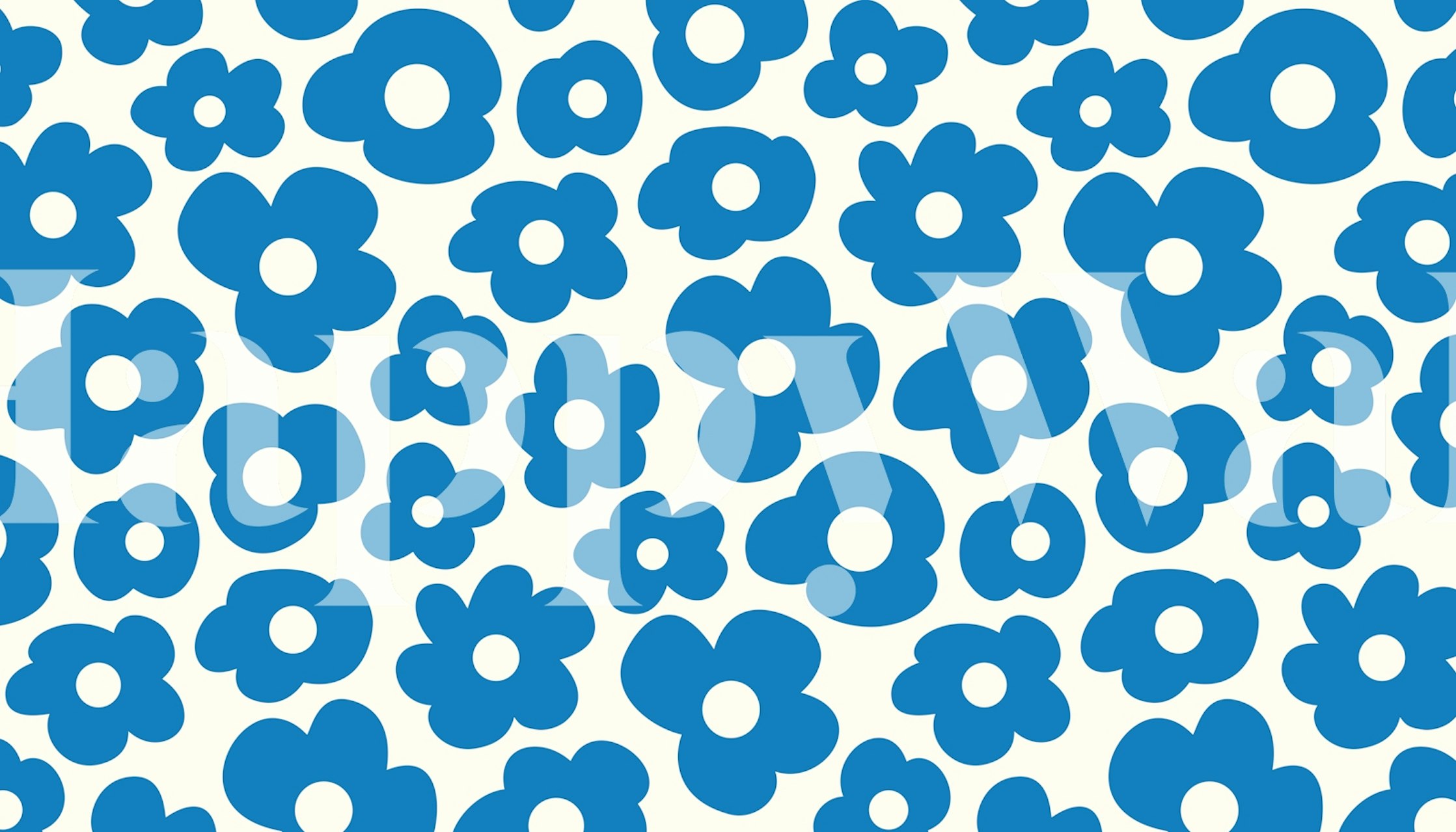 Bold blue floral patterns on a white background wallpaper
