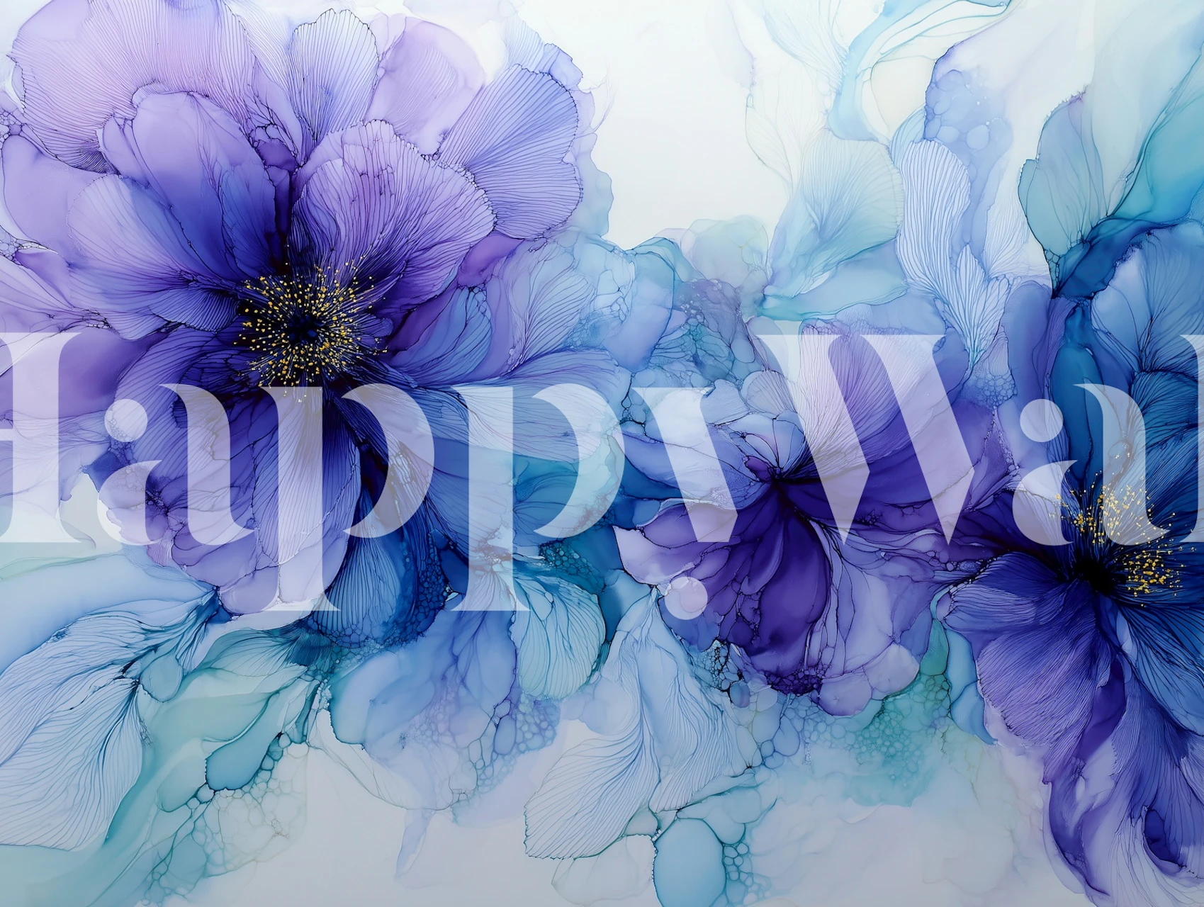 Purple floral wallpaper featuring large violet blooms with delicate green leaves in an artistic style.