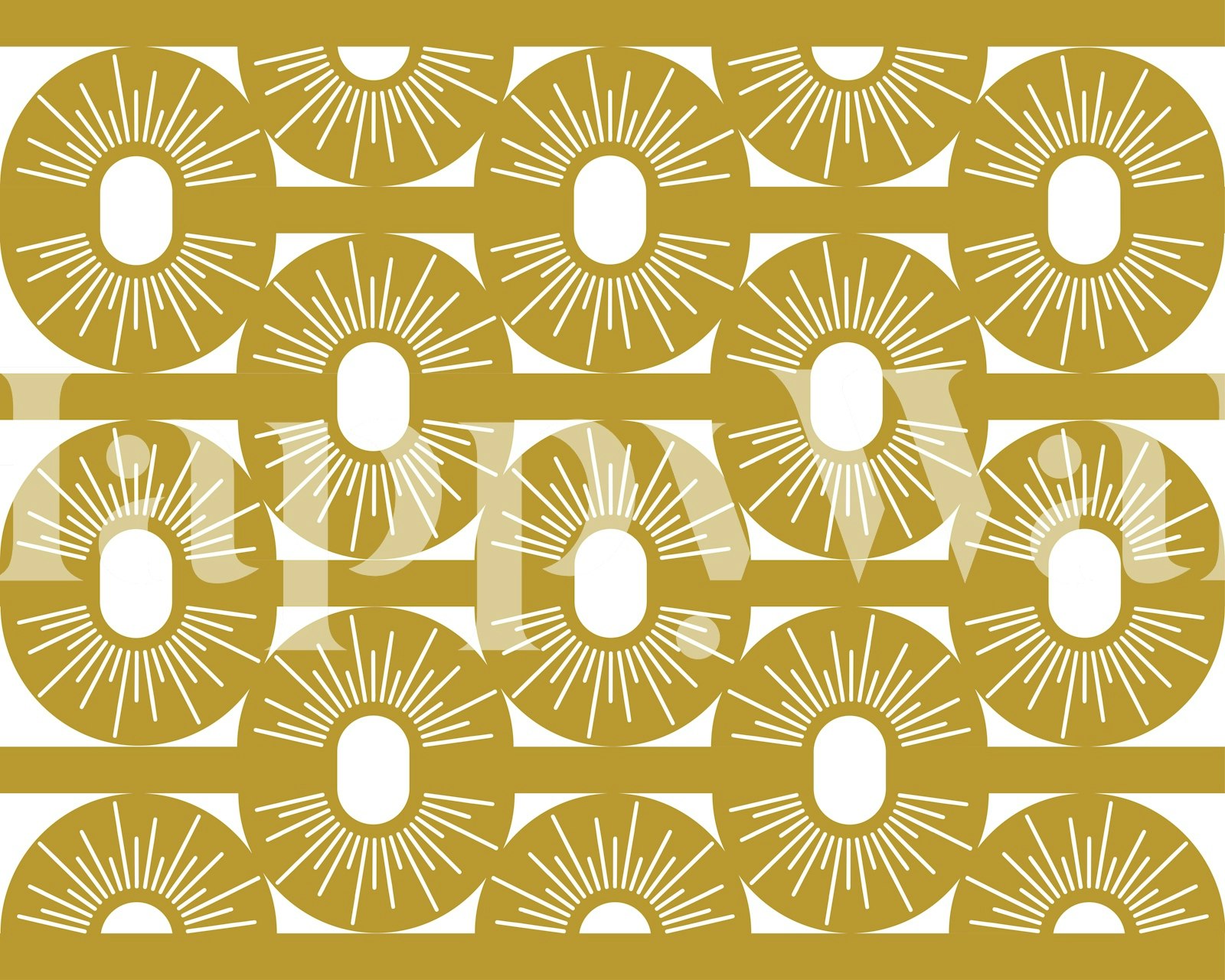 Gold circular patterns with rays on a white background wallpaper