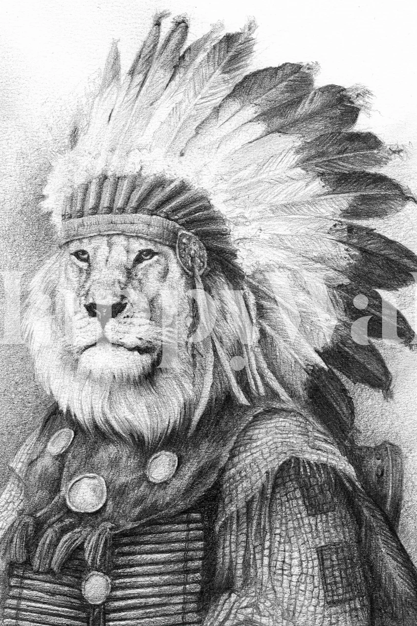 Lion with feathered headdress and tribal attire wallpaper