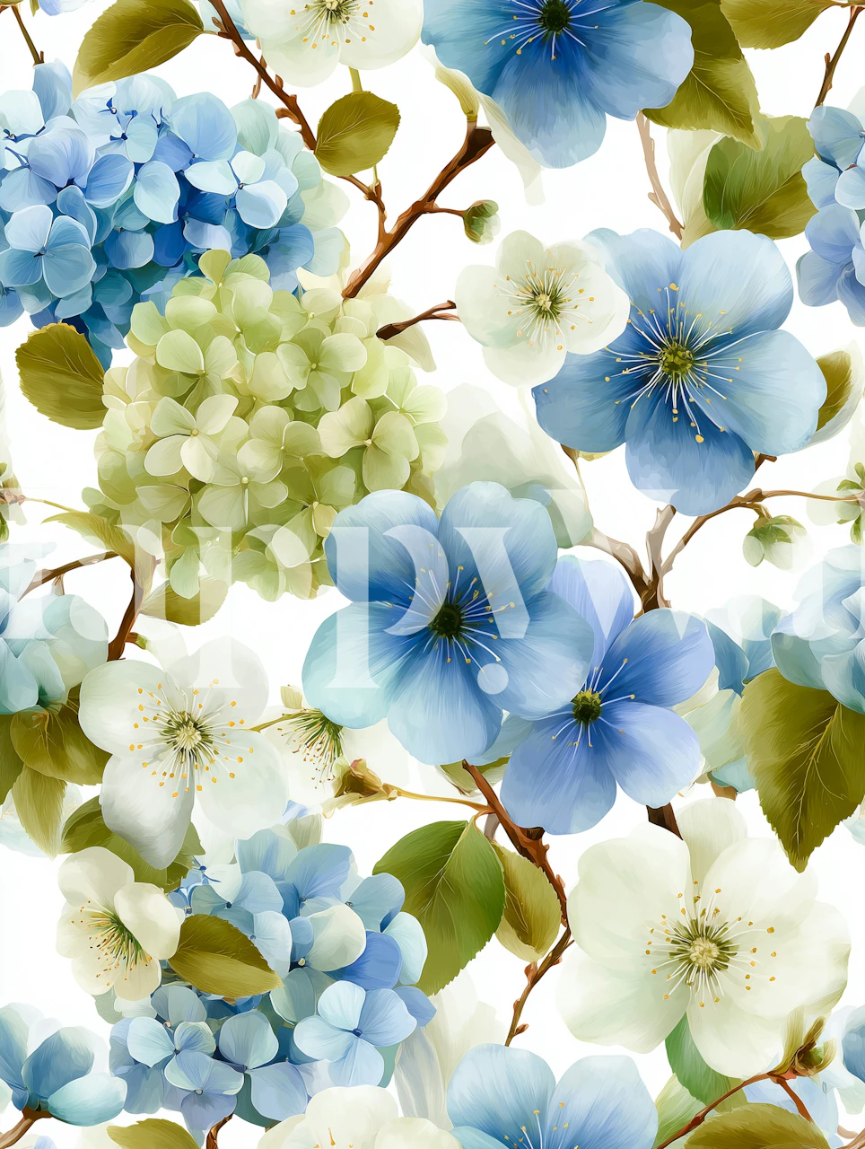 Blue floral wallpaper with hydrangeas and blossoms