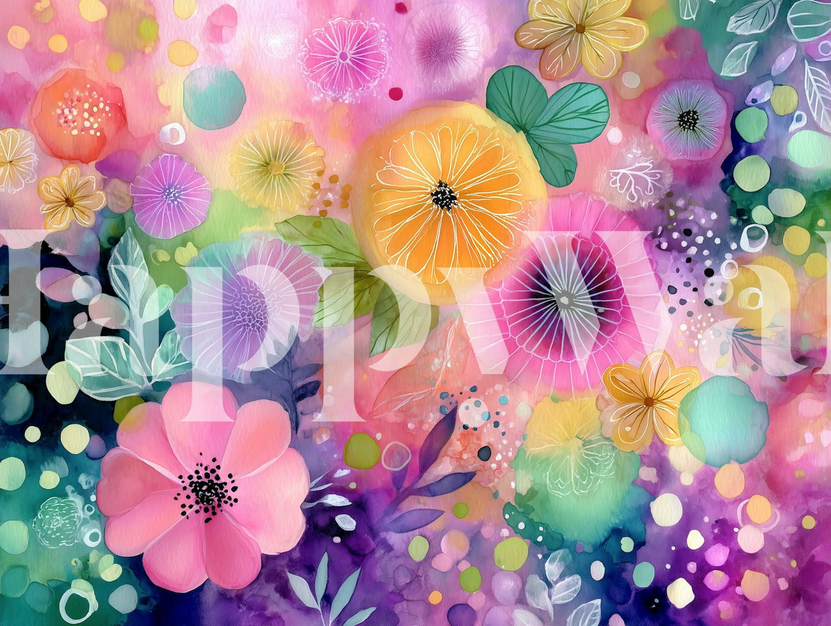 Colorful assorted flowers in pink, yellow, and green wallpaper