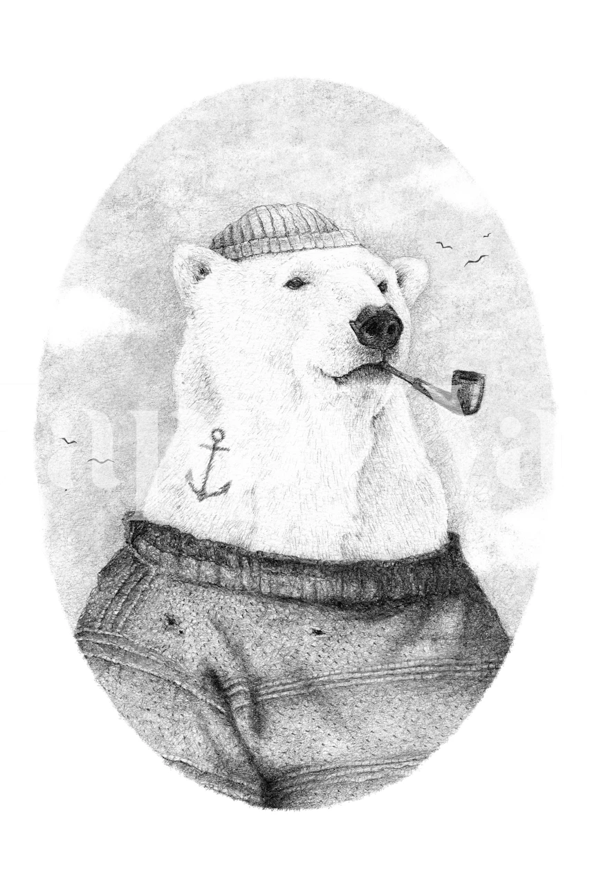 Nautical-themed wallpaper featuring a polar bear in a sailor outfit