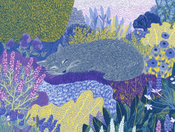 Dreamy Cat in Blue Garden