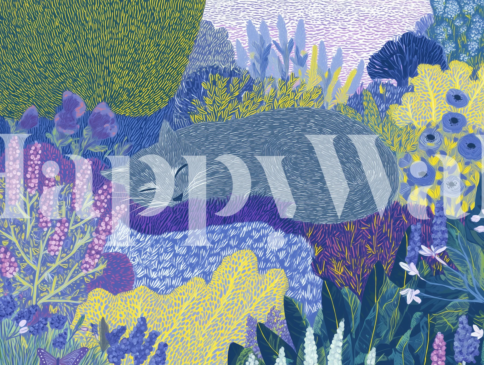 Sleeping cat surrounded by colorful flowers and foliage wallpaper
