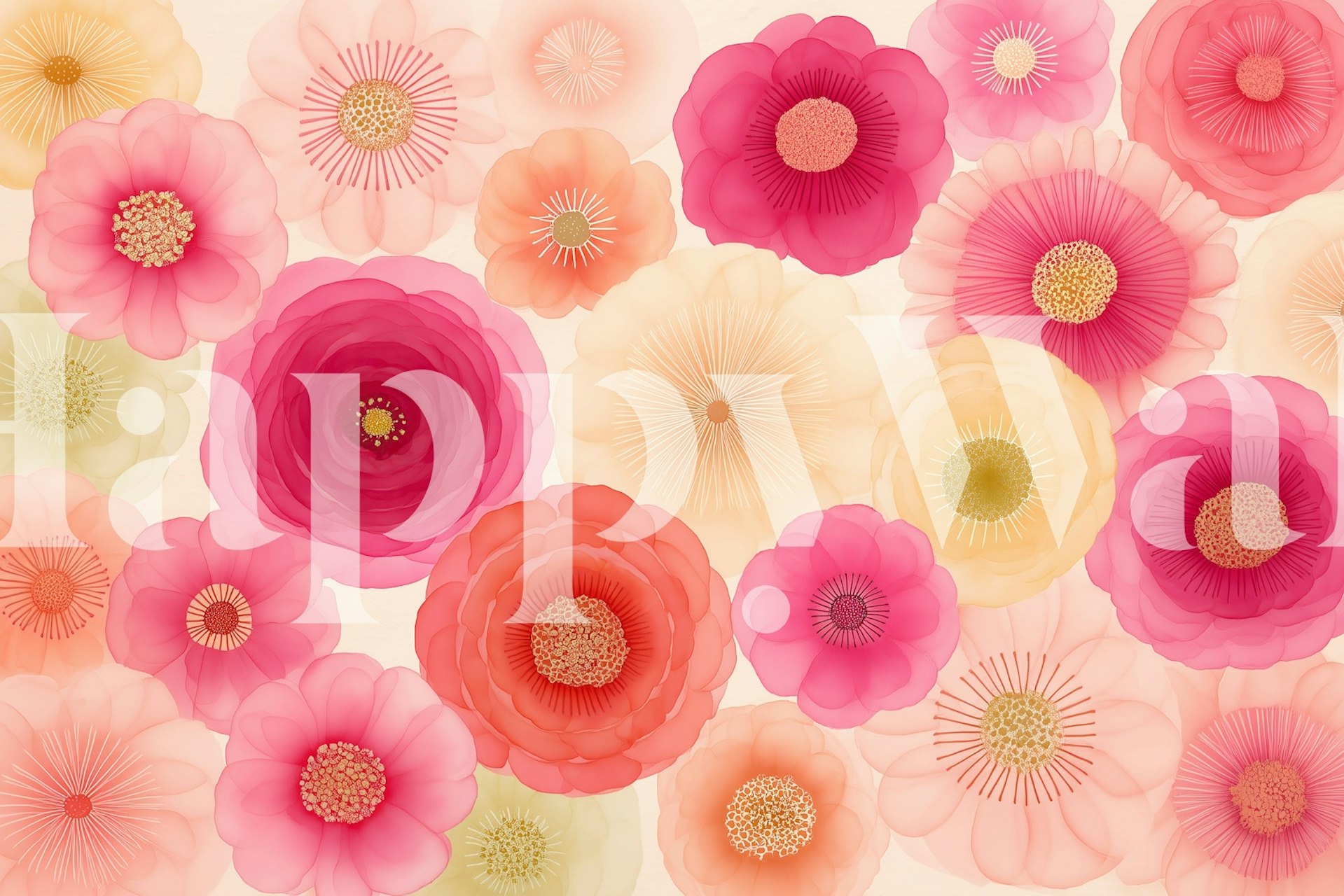 Colorful pink floral wall mural with layered flowers, soft hues wallpaper