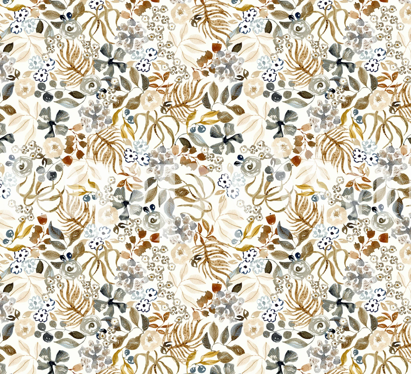 Vintage floral pattern in soft browns, whites, and greens wallpaper