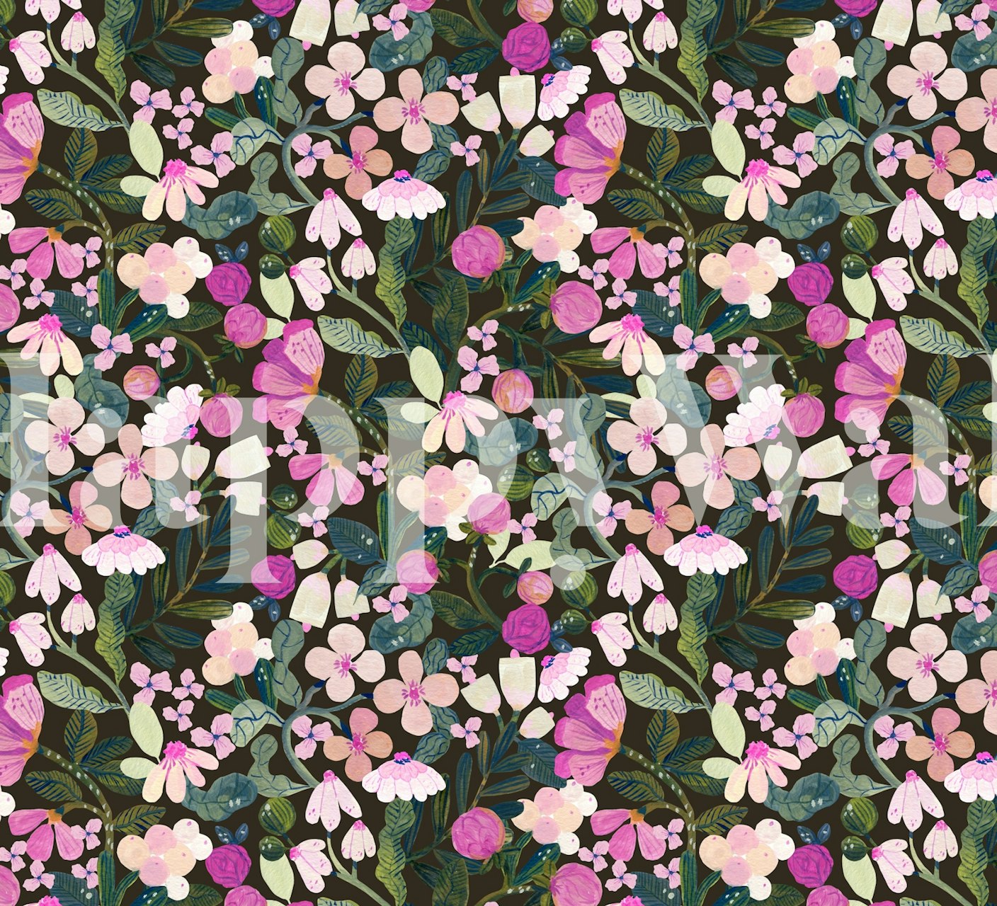 Vibrant pink and white floral pattern on dark green background wallpaper