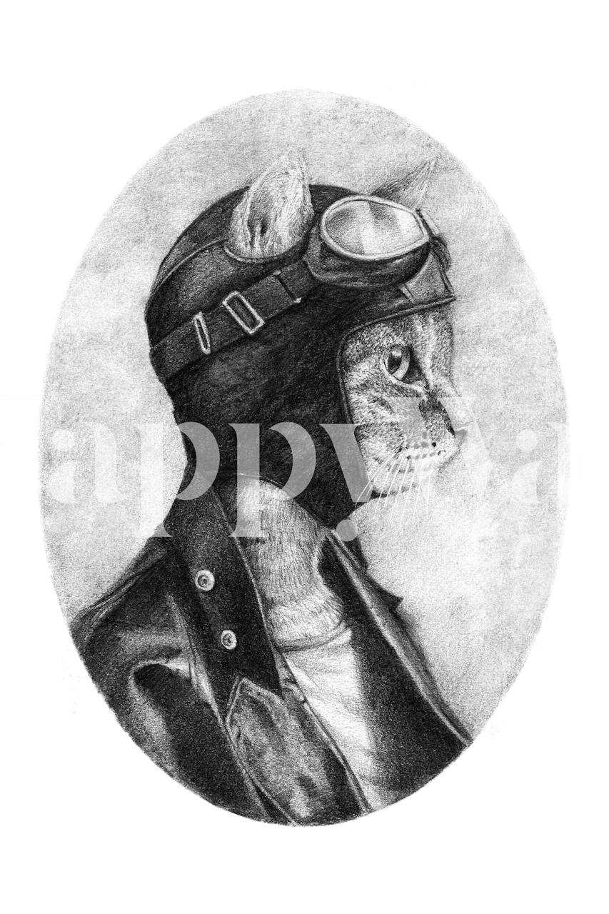 Cat in aviator hat and goggles, black and white wallpaper