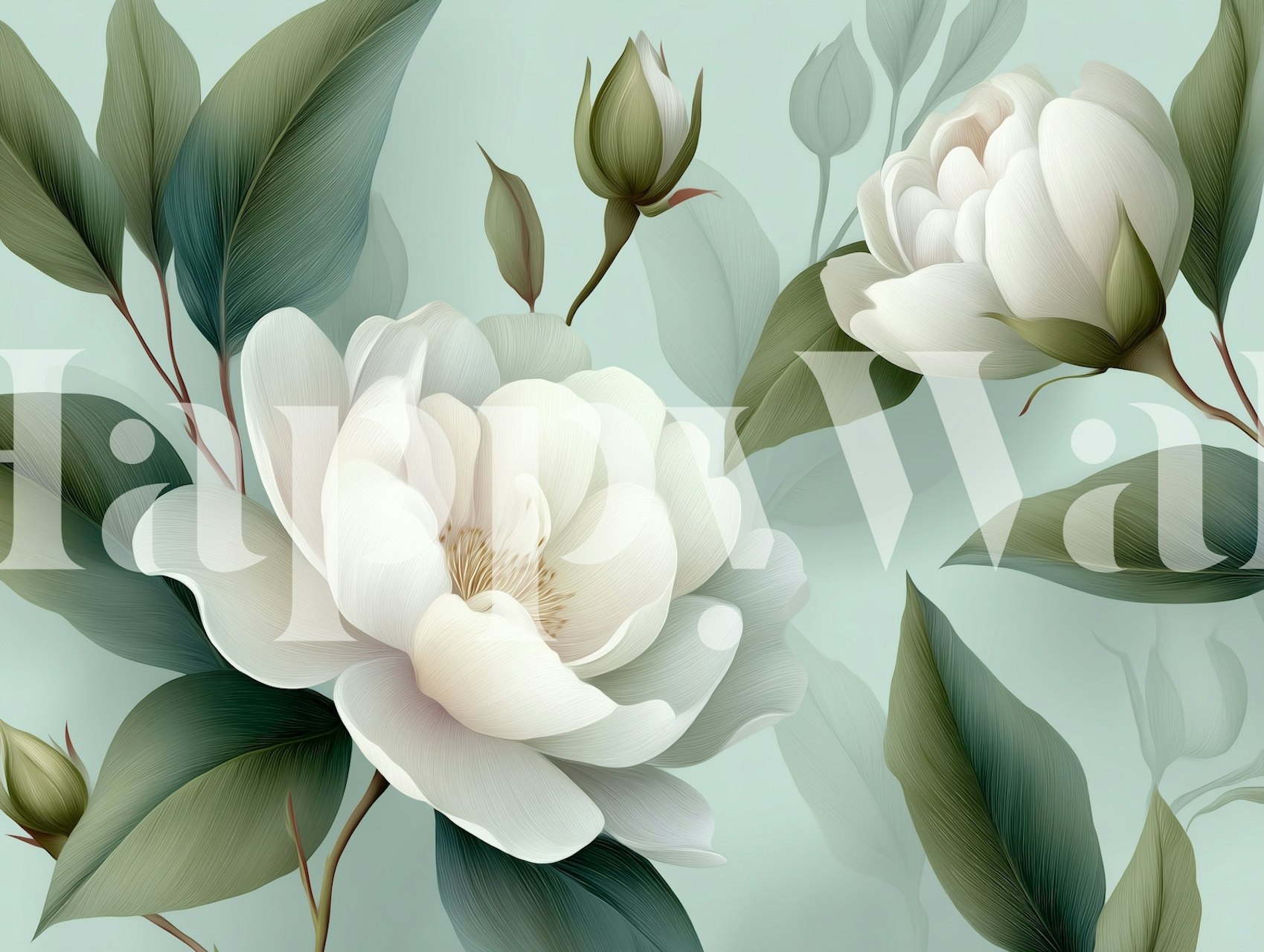 Magnolia flowers with soft white petals and green leaves wallpaper