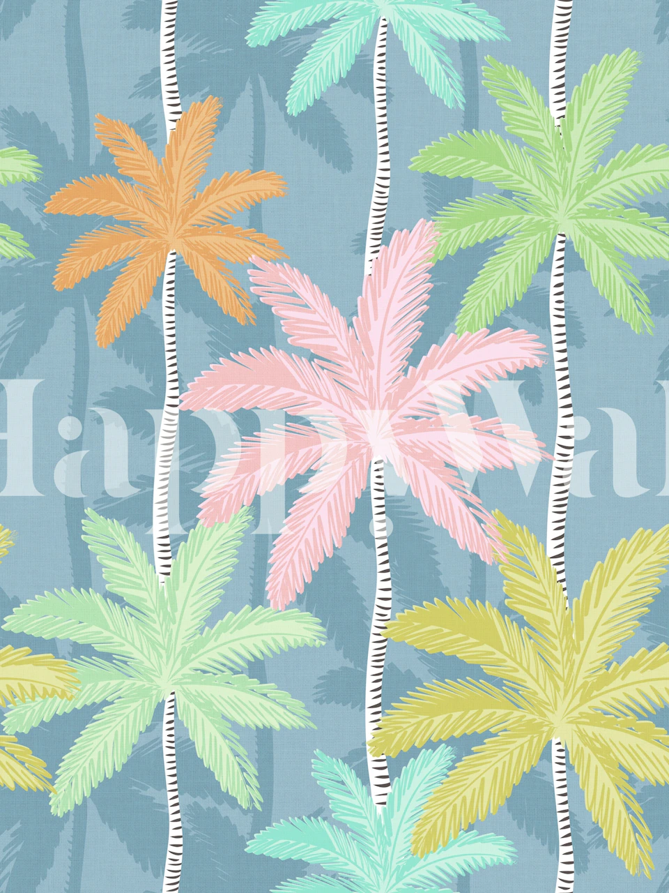 Retro palm trees in pink, orange, mint, and green on a blue background wallpaper