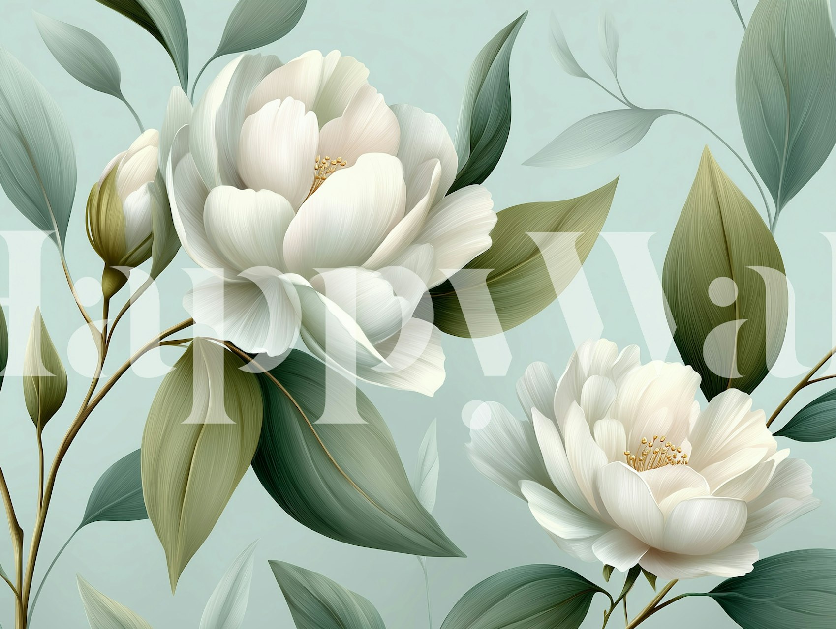 White peony flowers with green leaves on soft blue background wallpaper