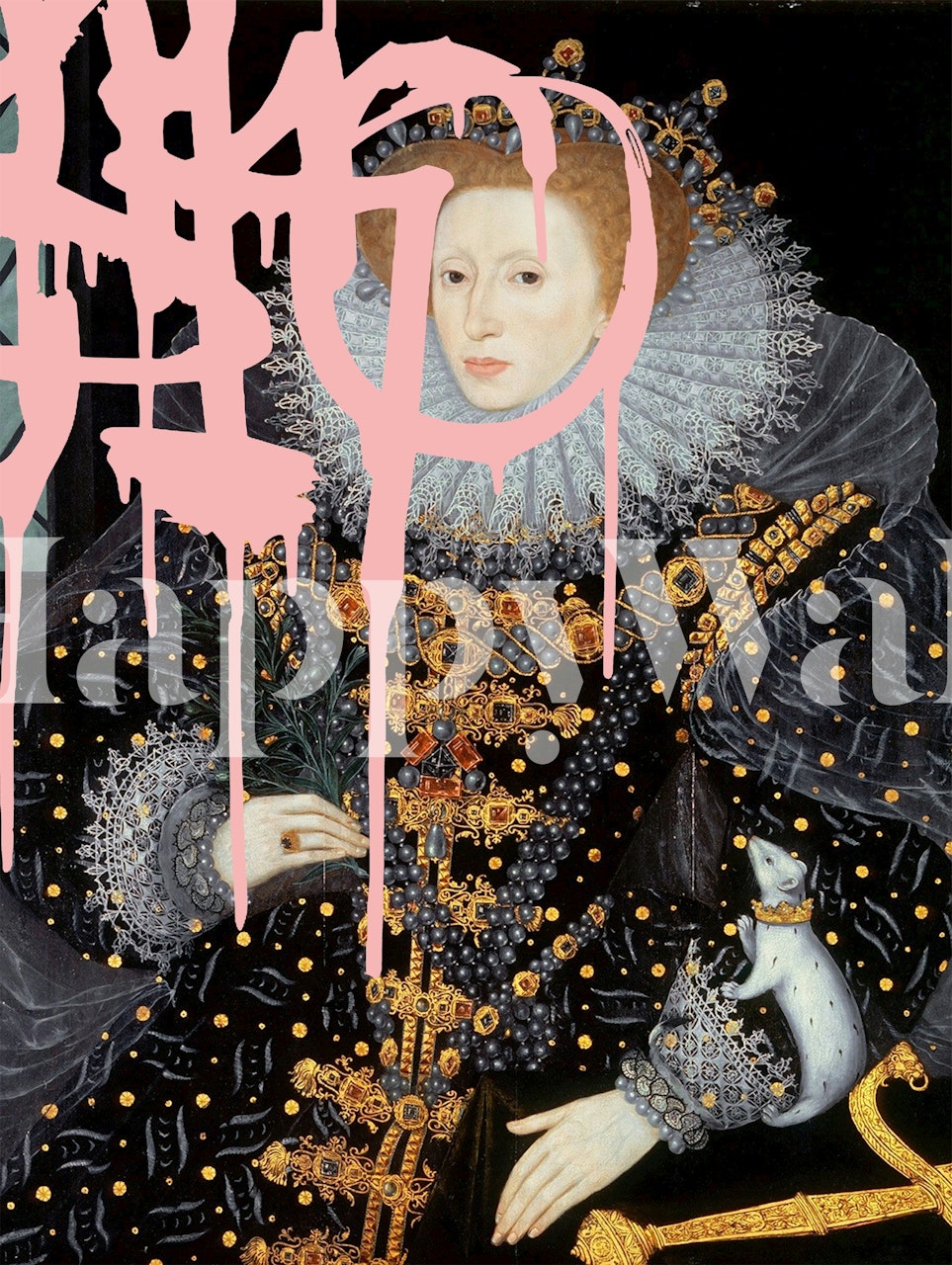 Classic portrait with modern paint drips, black and pink accents wallpaper