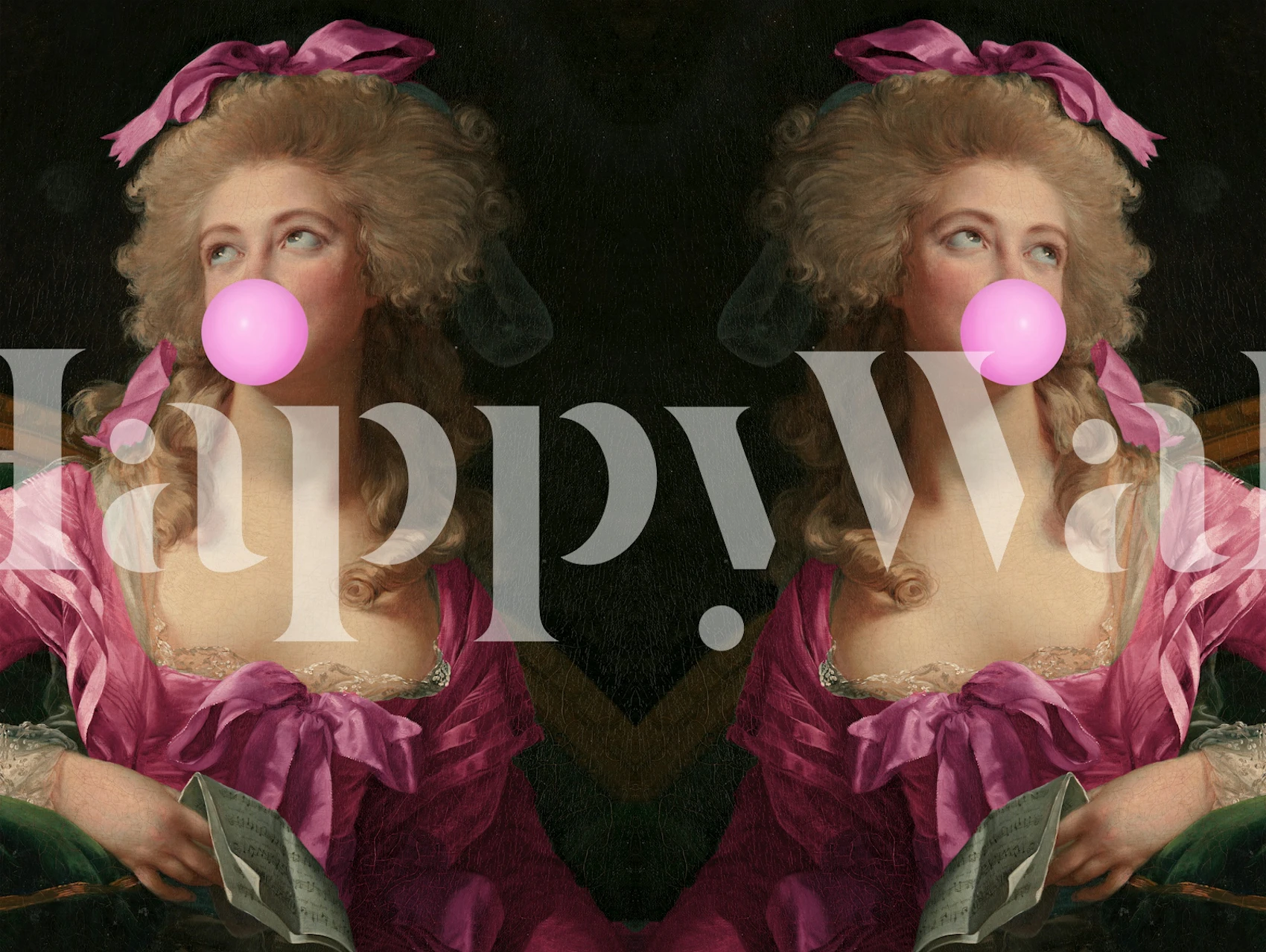 Vintage portrait with pink bubblegum and soft pink dress wallpaper