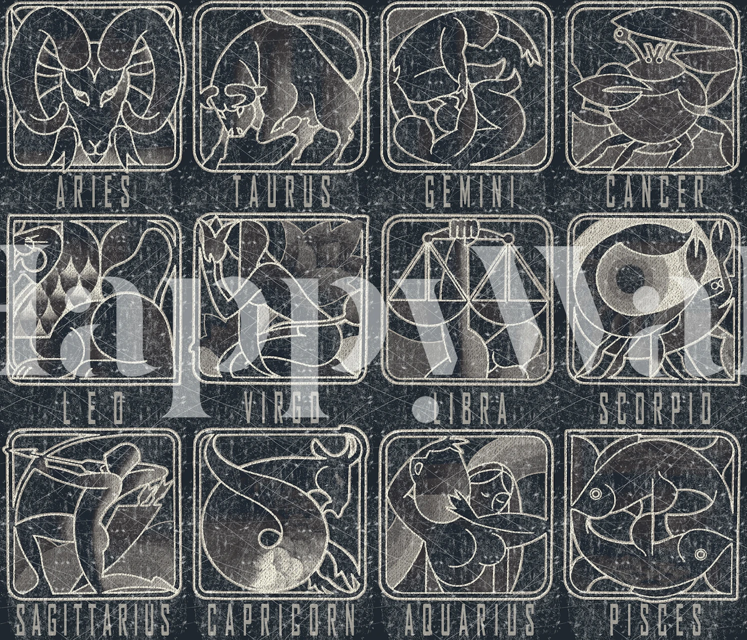 Astrology black and white graphic wallpaper with zodiac symbols
