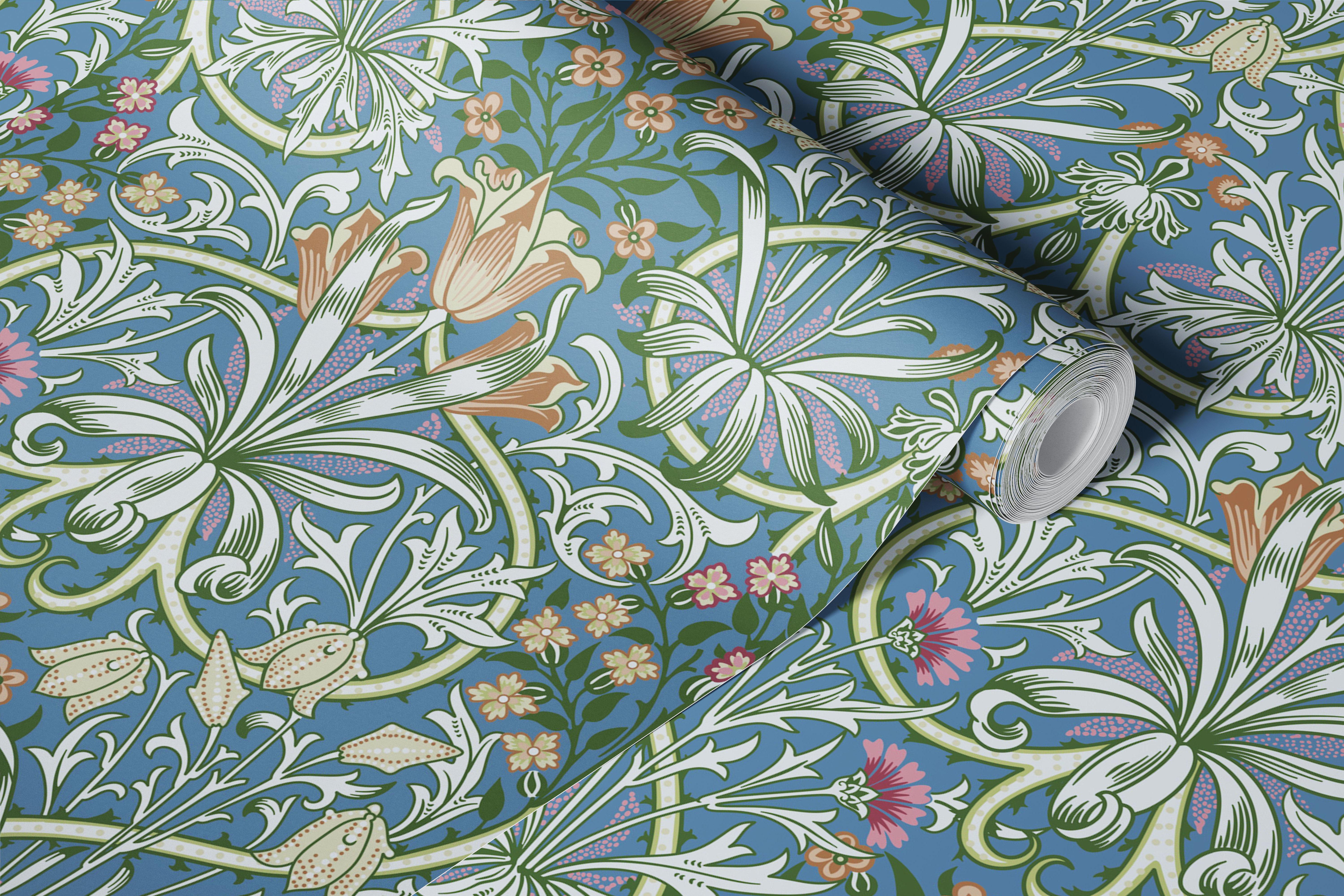 Blue floral pattern with intricate designs and pastel flowers wallpaper