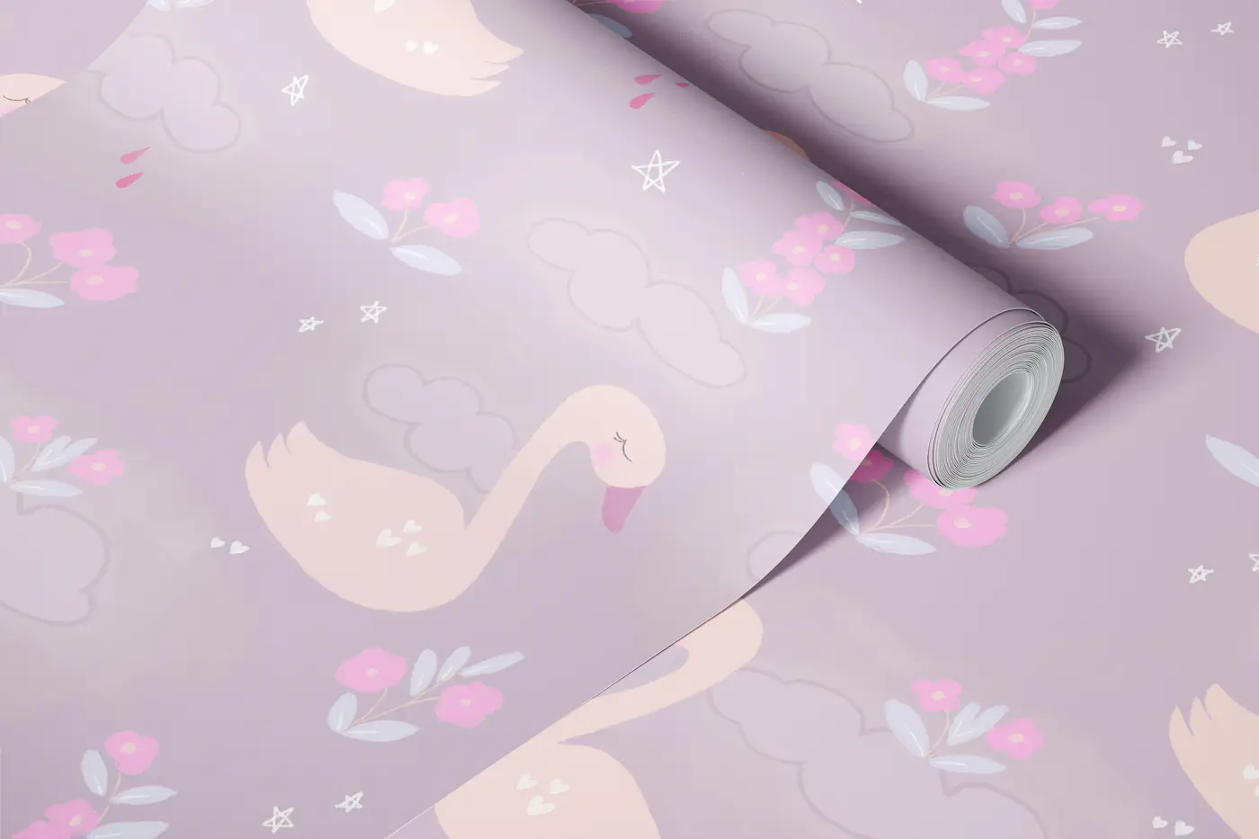 Whimsical Swan Lake Nursery Pattern - Dark wallpaper roll