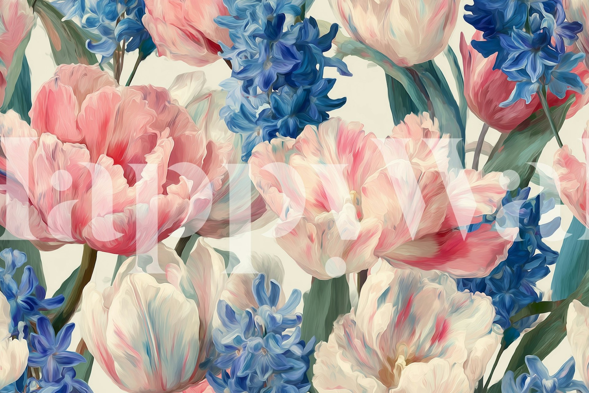 Large pink and white floral patterns with blue accents wallpaper