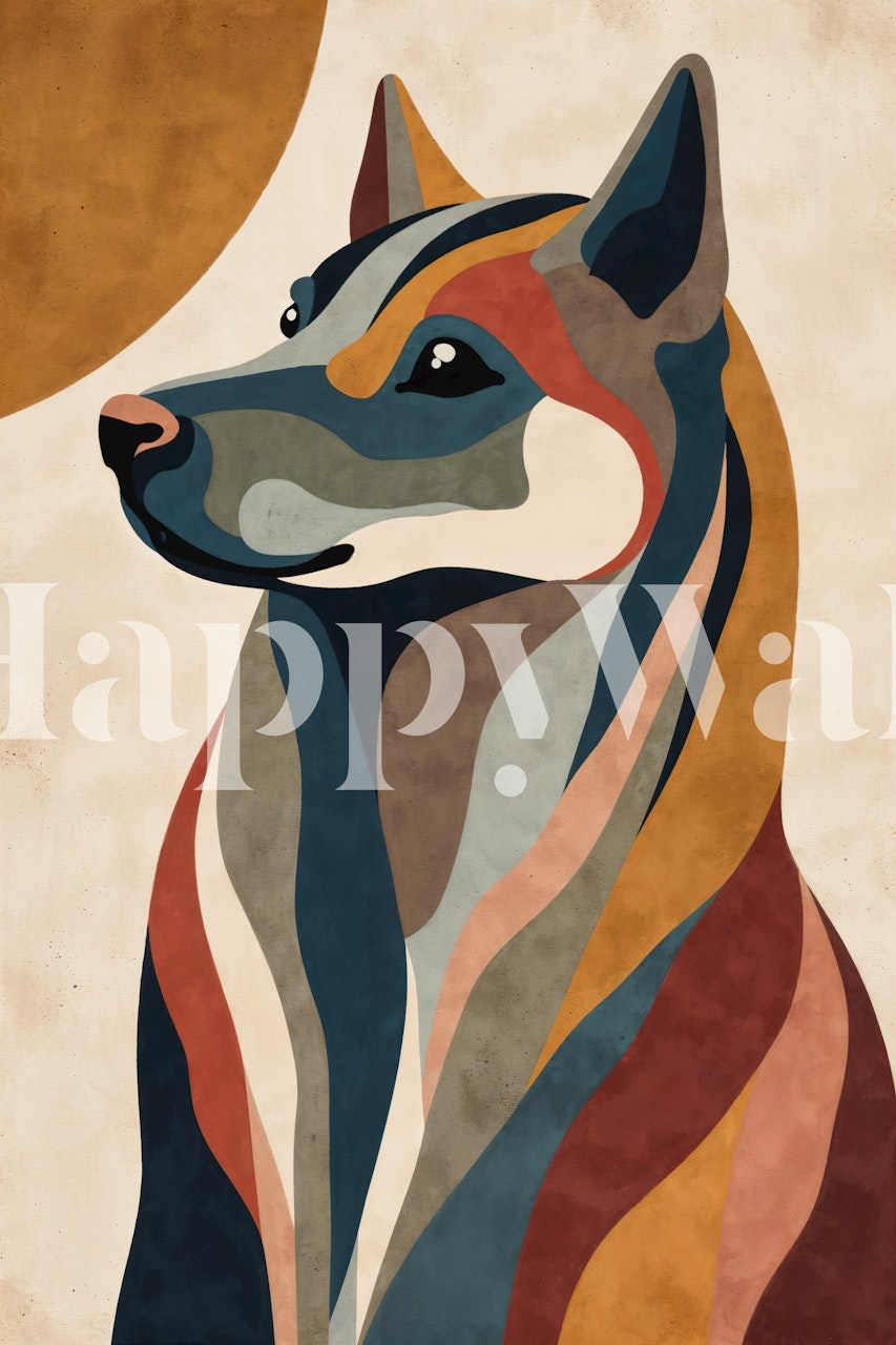 Colorful abstract dog design featuring bold shapes and earthy tones wallpaper