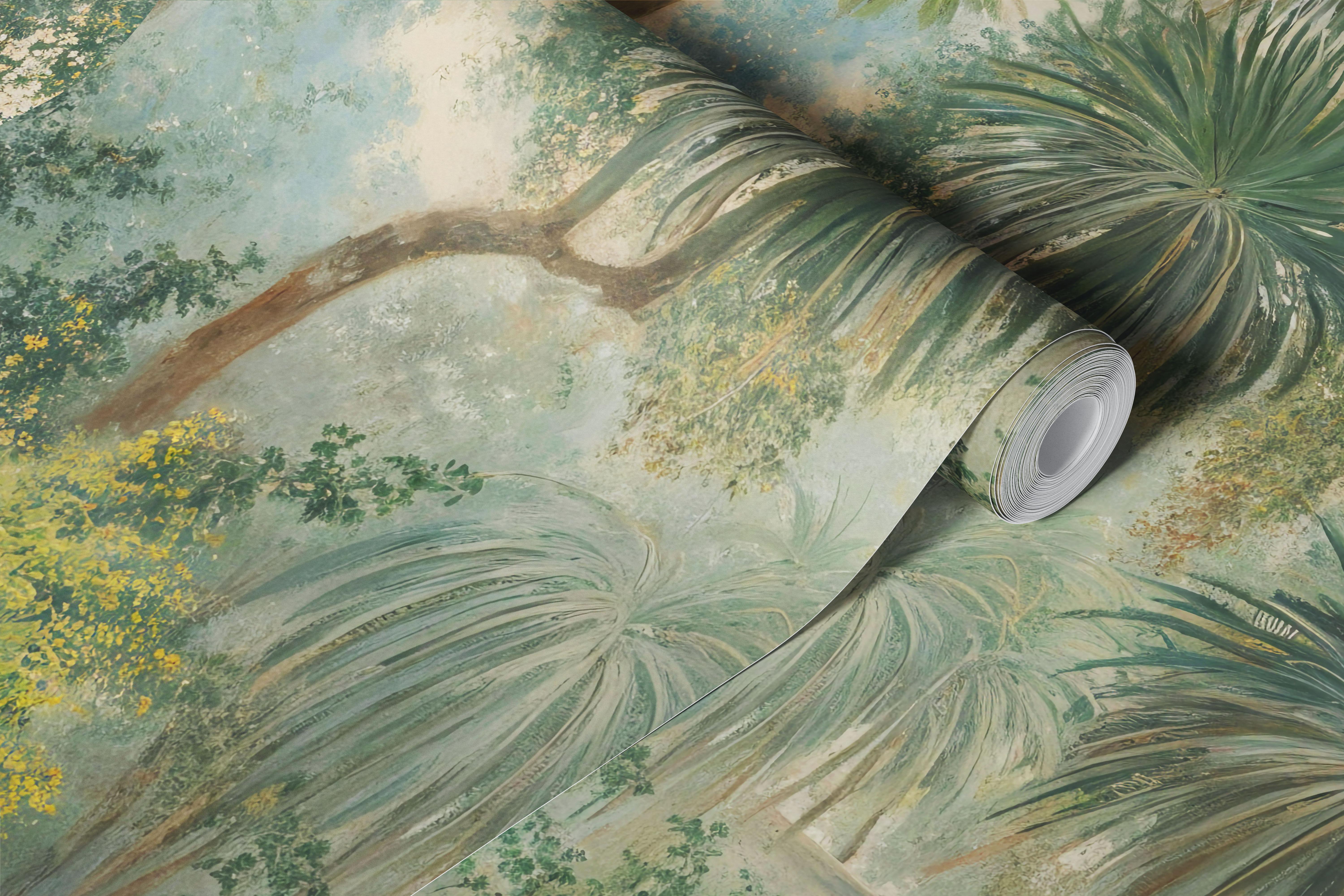 Tropische jungle met palmbomen en bloemen in groene en roze tinten wallpaper