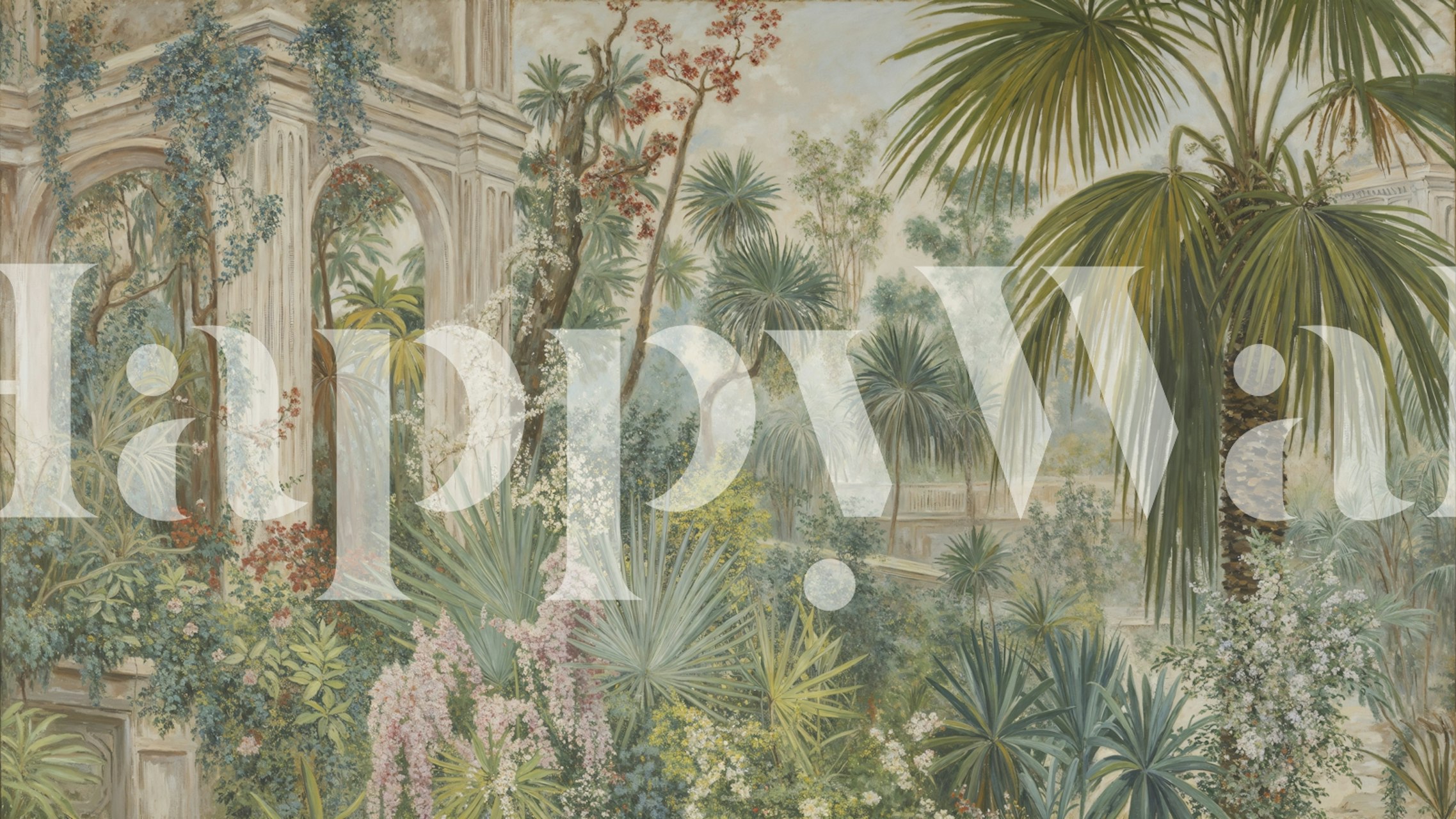 Tropical floral wallpaper with palm leaves and colorful flowers