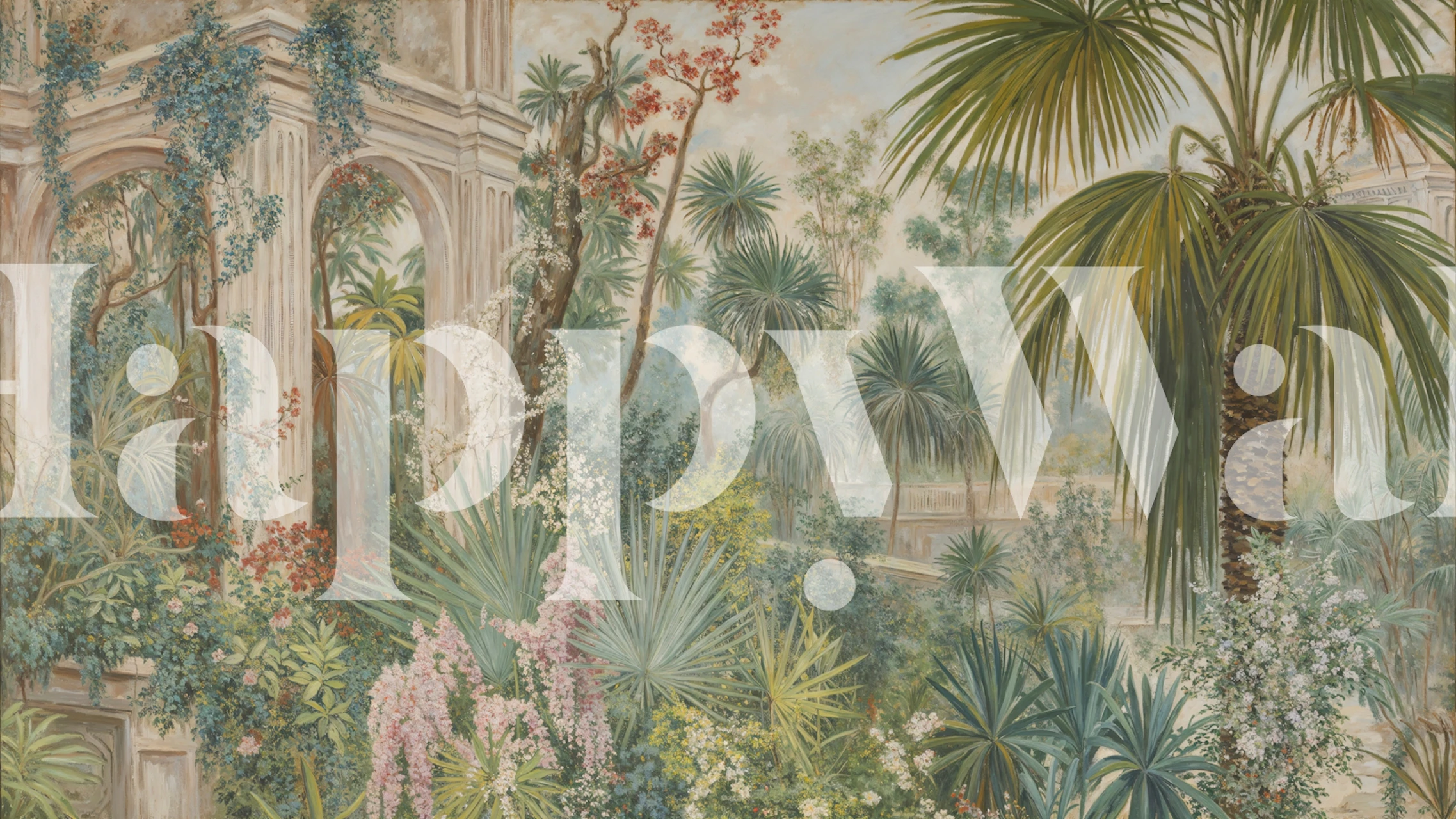 Tropical floral wallpaper with palm leaves and colorful flowers