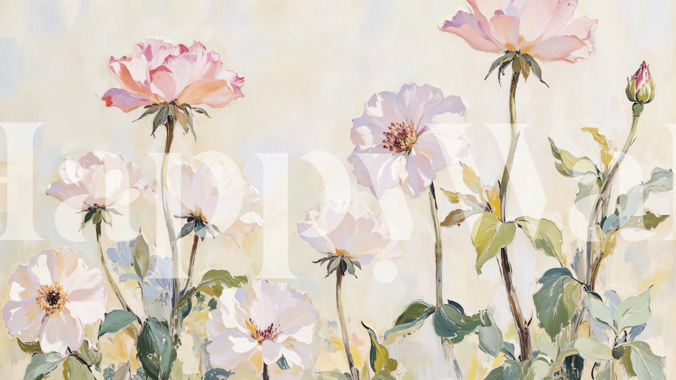 Painted floral design with pink roses and green leaves wallpaper