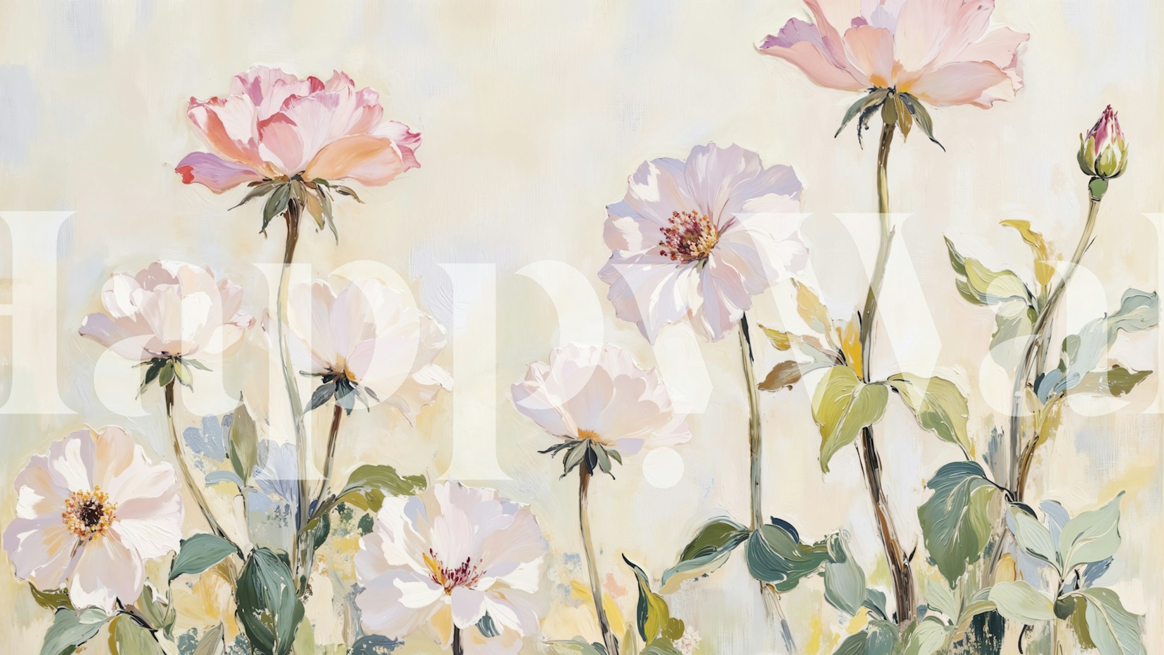 Painted floral design with pink roses and green leaves wallpaper