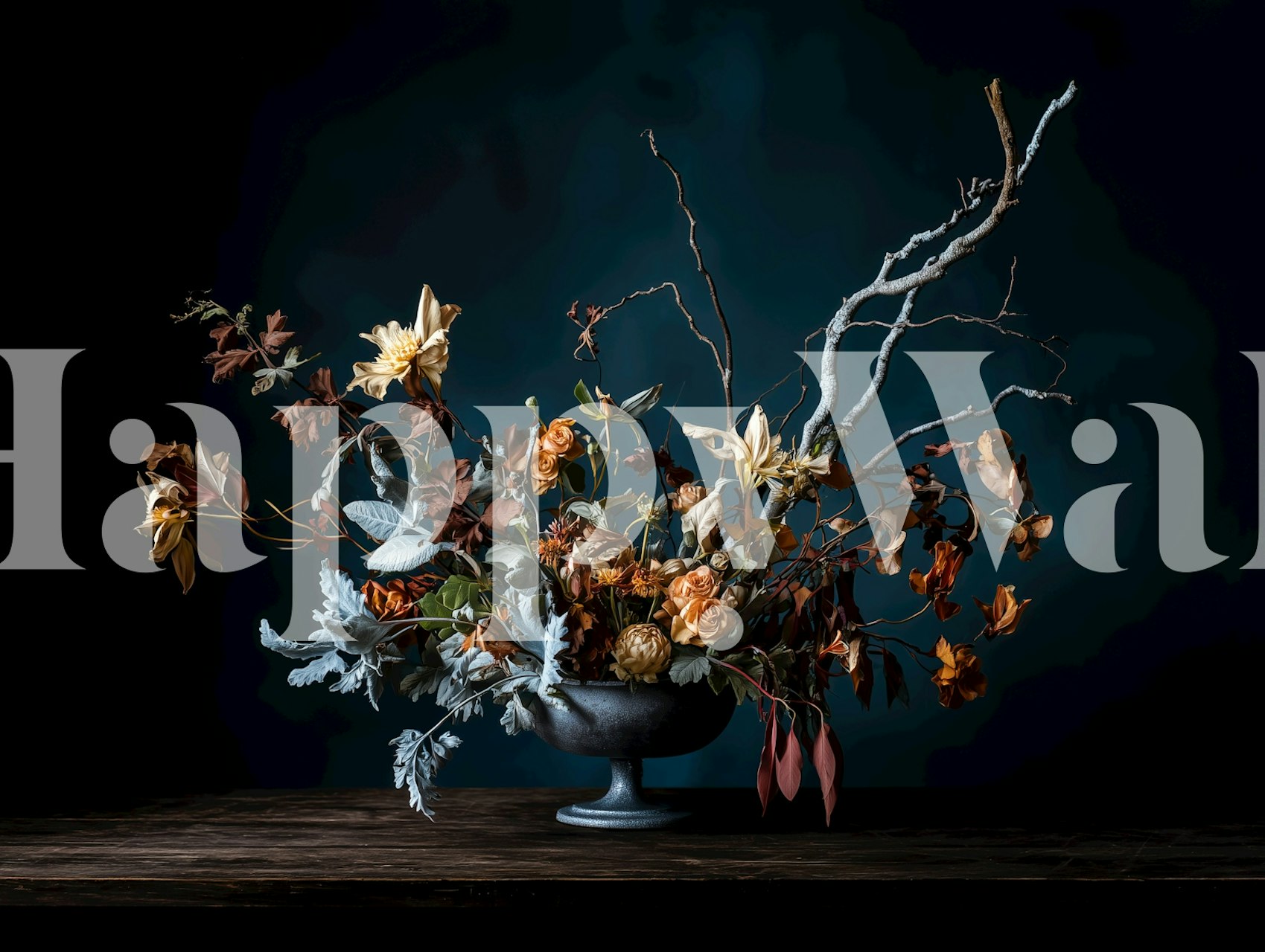 Dark floral arrangements with gold and gray elements wallpaper