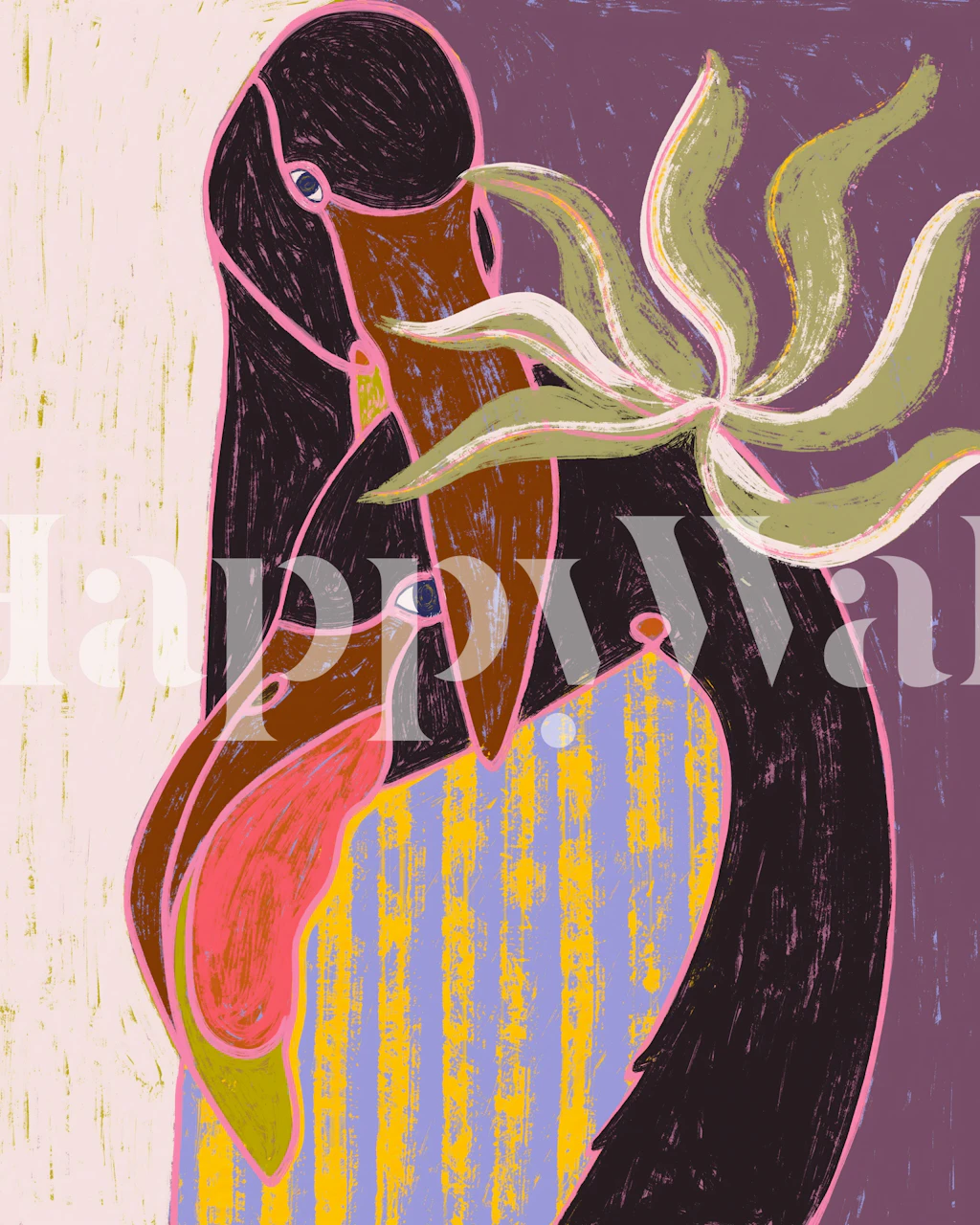 Two flamingos with pink and green accents in a tropical wallpaper