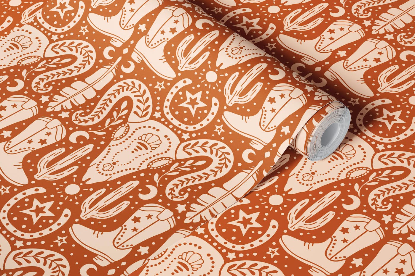 Wild west dreams in terra cotta and cream wallpaper roll