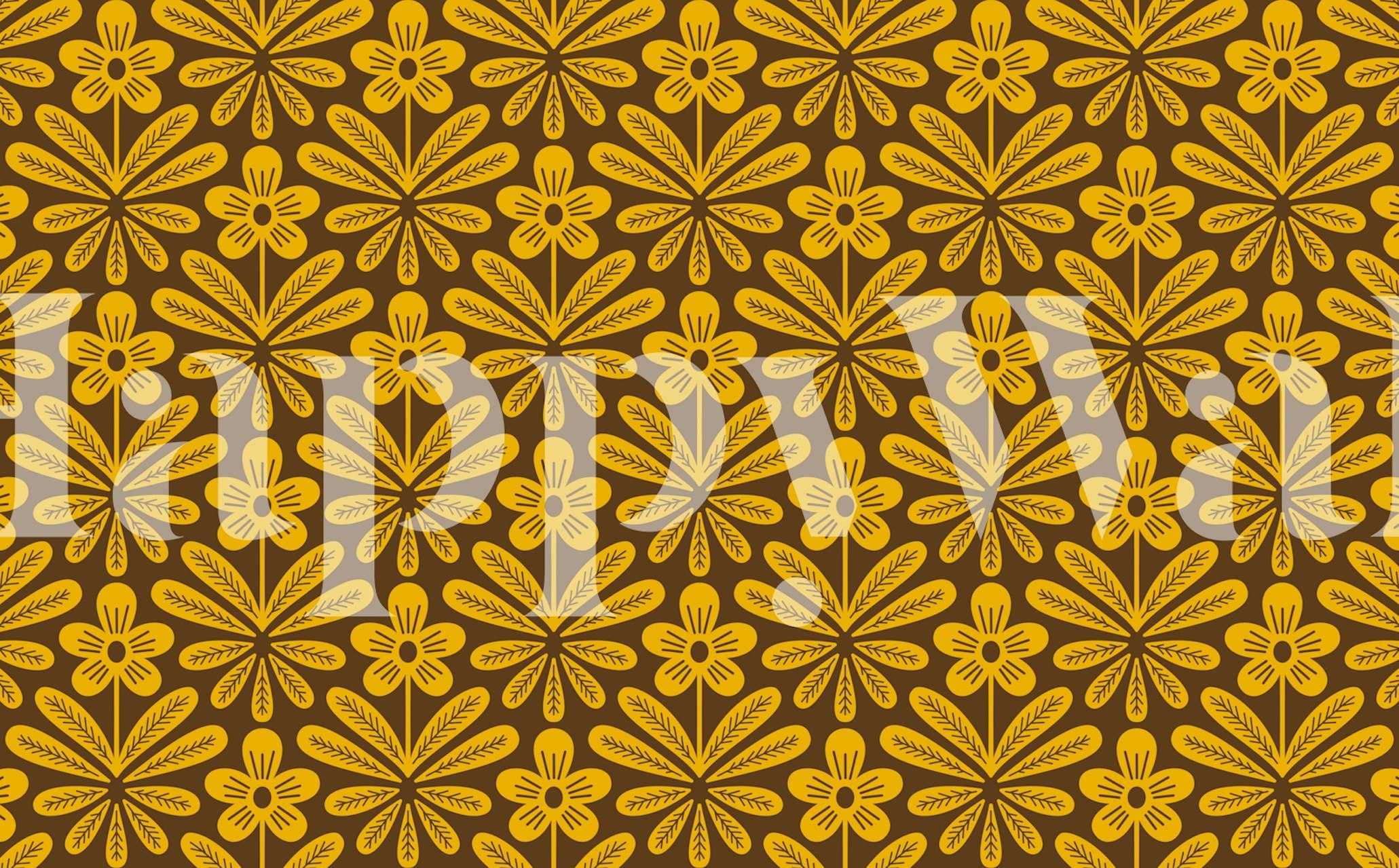 Yellow floral pattern on brown background wallpaper