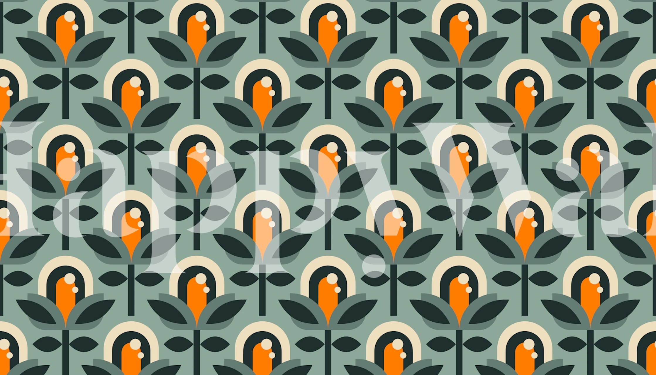 Repetitive floral pattern with orange flowers and green leaves on a blue background wallpaper