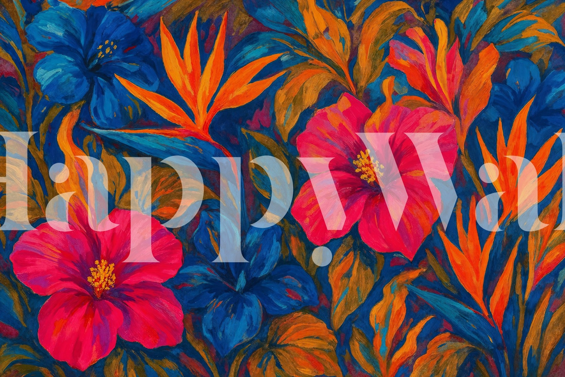 Tropical floral wallpaper with pink and blue flowers on dark background